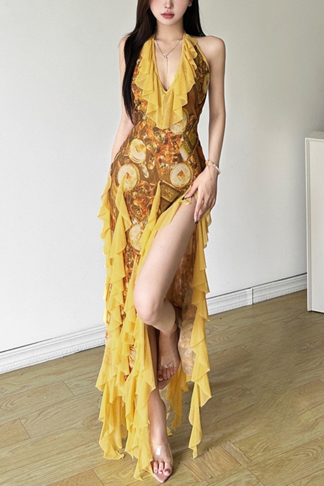 Sexy Ruffled Holiday Style Hot Girl Halter Neck Suspender Dress