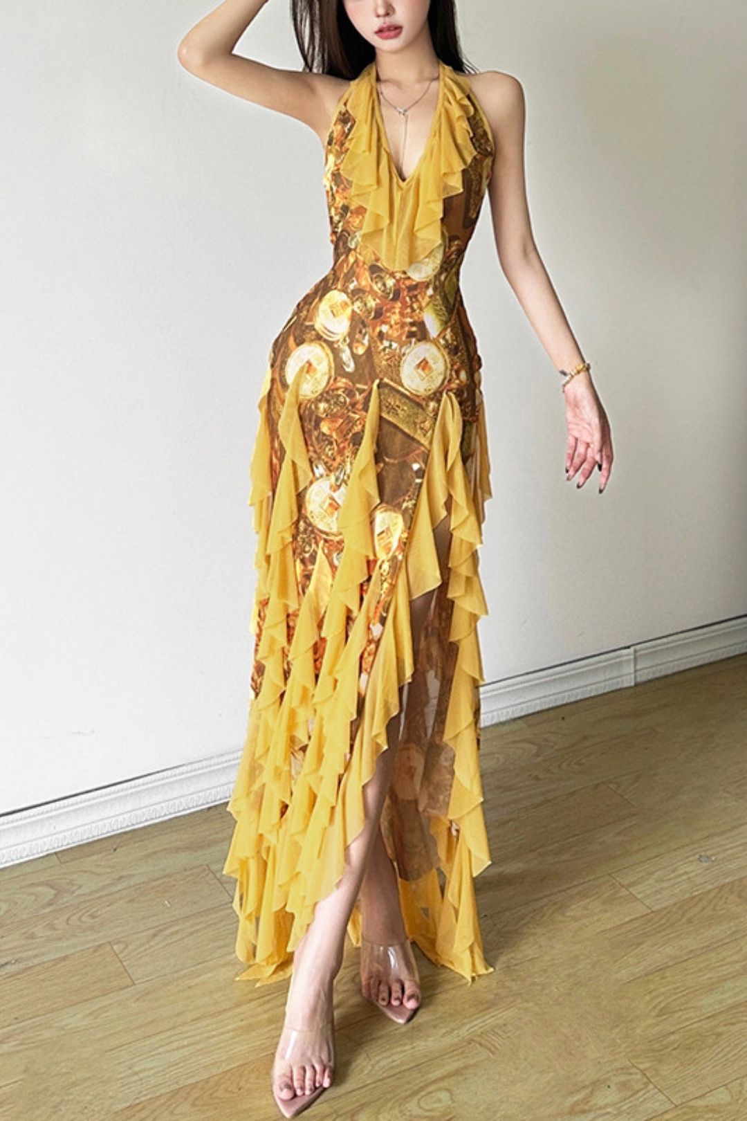 Sexy Ruffled Holiday Style Hot Girl Halter Neck Suspender Dress