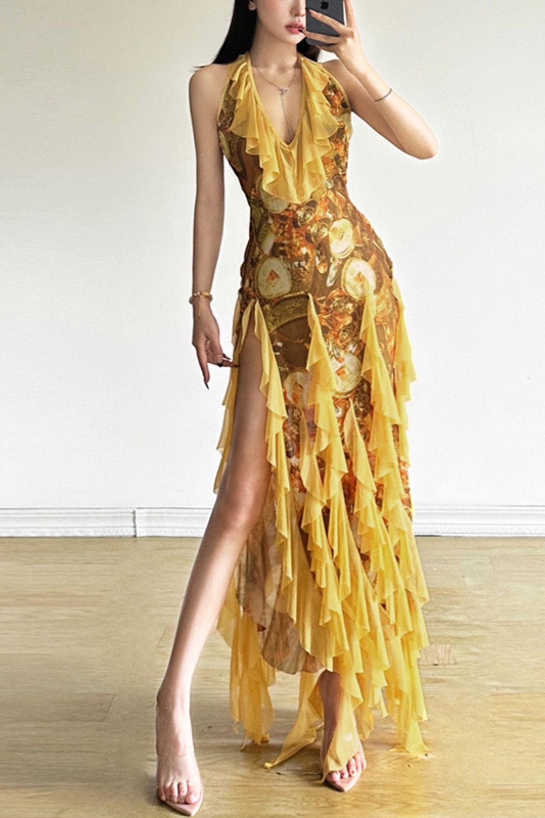 Sexy Ruffled Holiday Style Hot Girl Halter Neck Suspender Dress