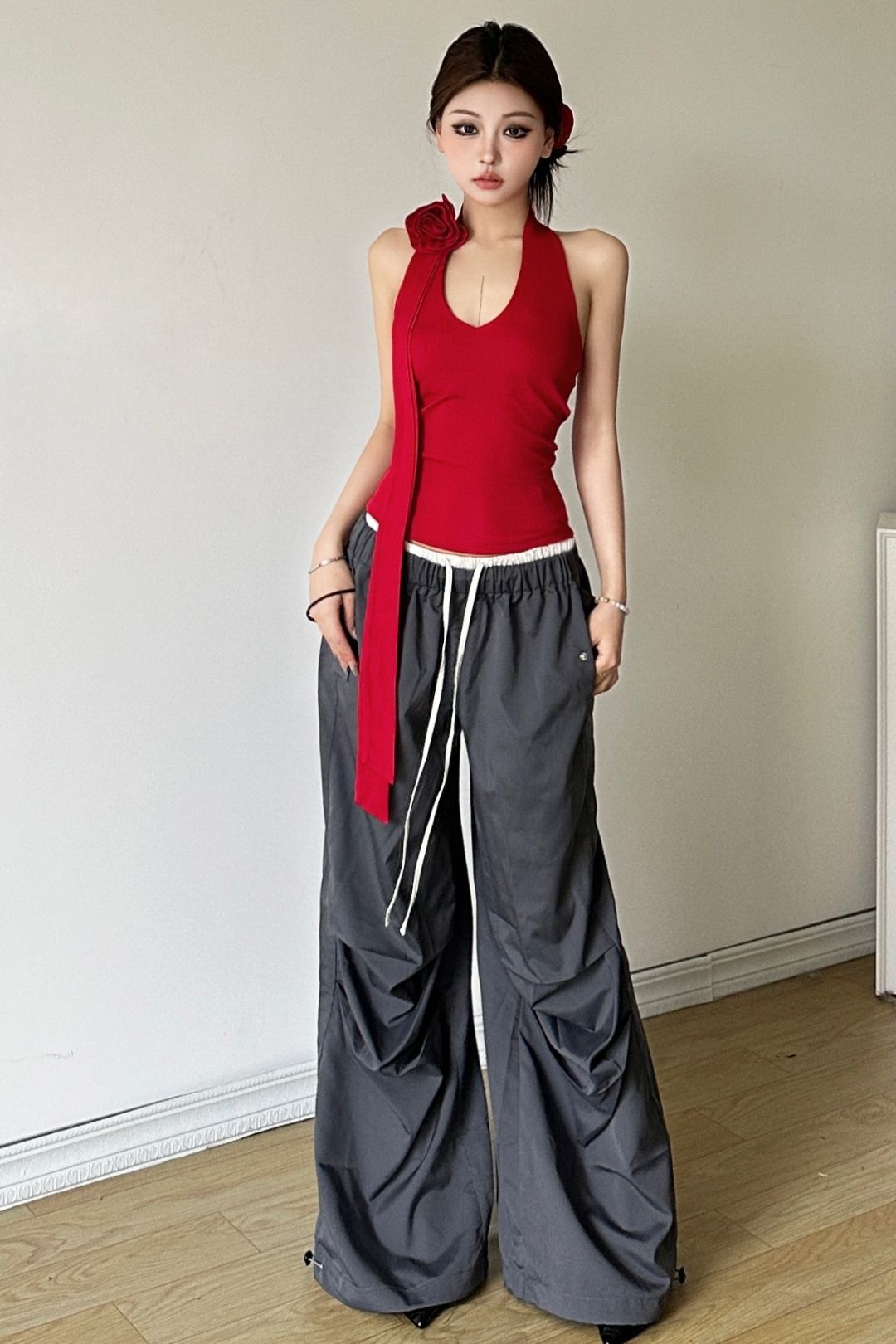 Solid Color Halter Neck Vest High Waist Loose Trousers Set