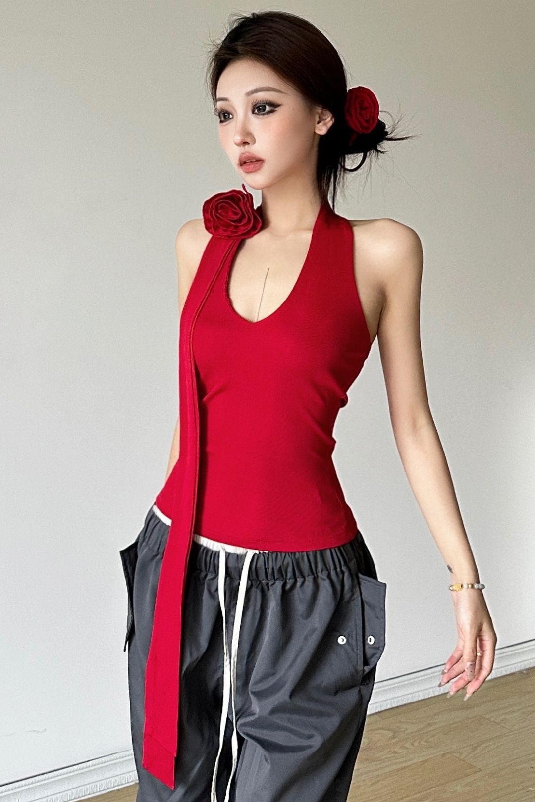 Solid Color Halter Neck Vest High Waist Loose Trousers Set