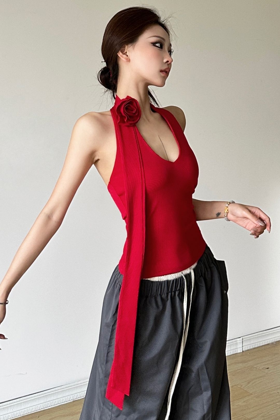 Solid Color Halter Neck Vest High Waist Loose Trousers Set