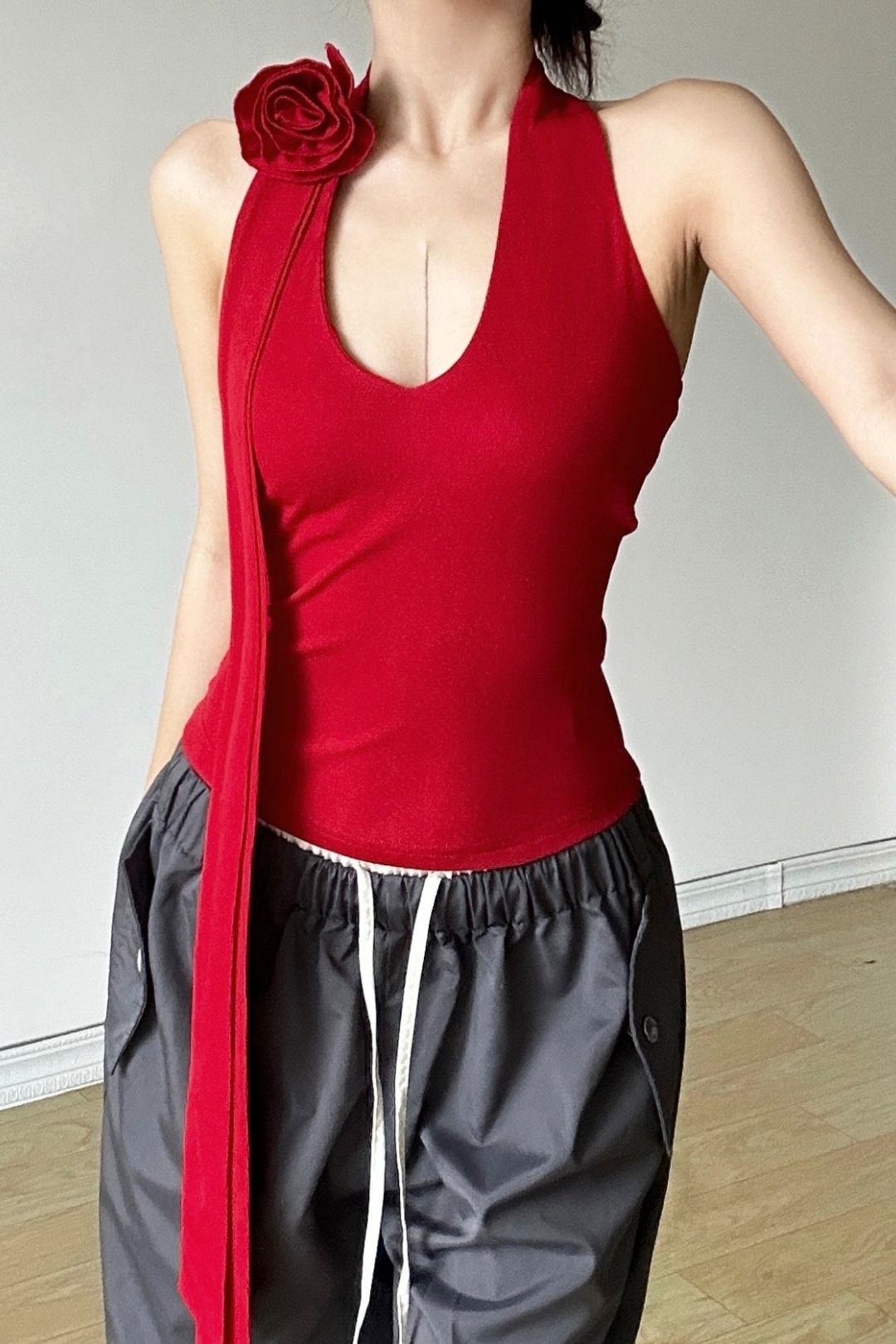 Solid Color Halter Neck Vest High Waist Loose Trousers Set
