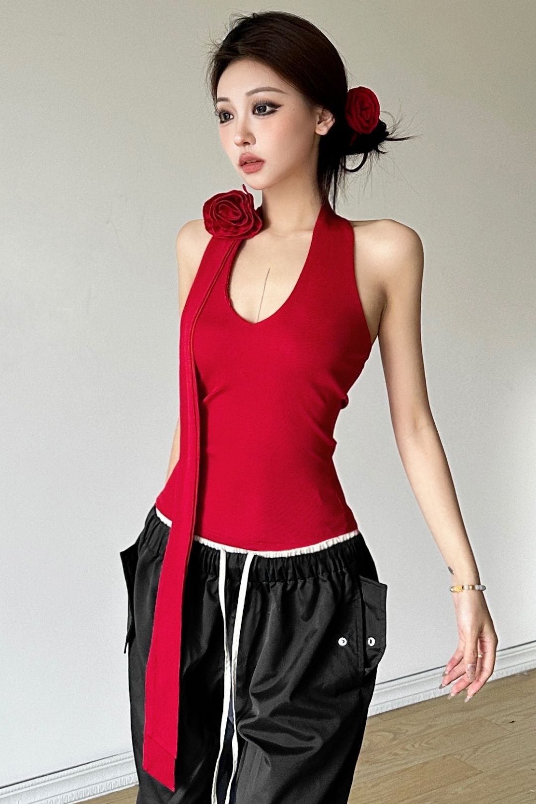 Solid Color Halter Neck Vest High Waist Loose Trousers Set