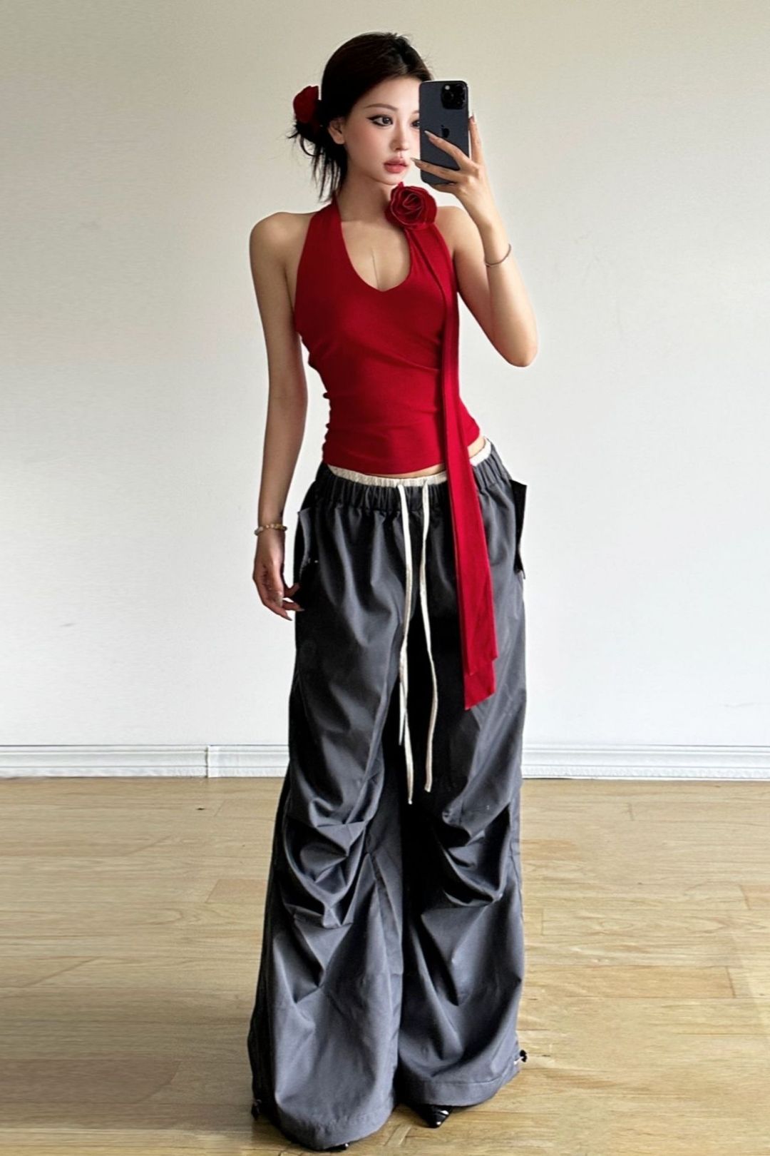 Solid Color Halter Neck Vest High Waist Loose Trousers Set