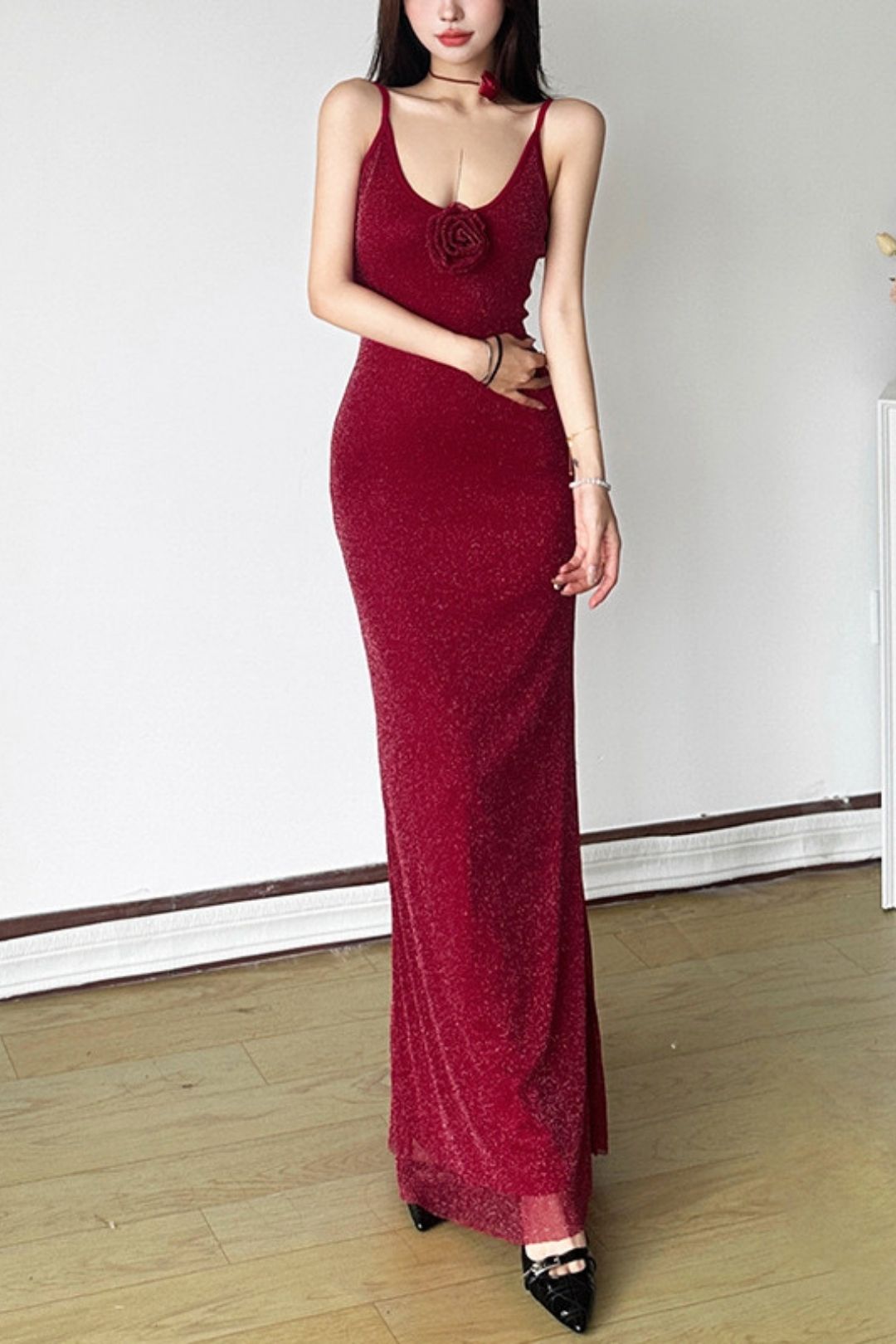 Solid Color High Waist Fashionable U-neck Suspender Backless Dress