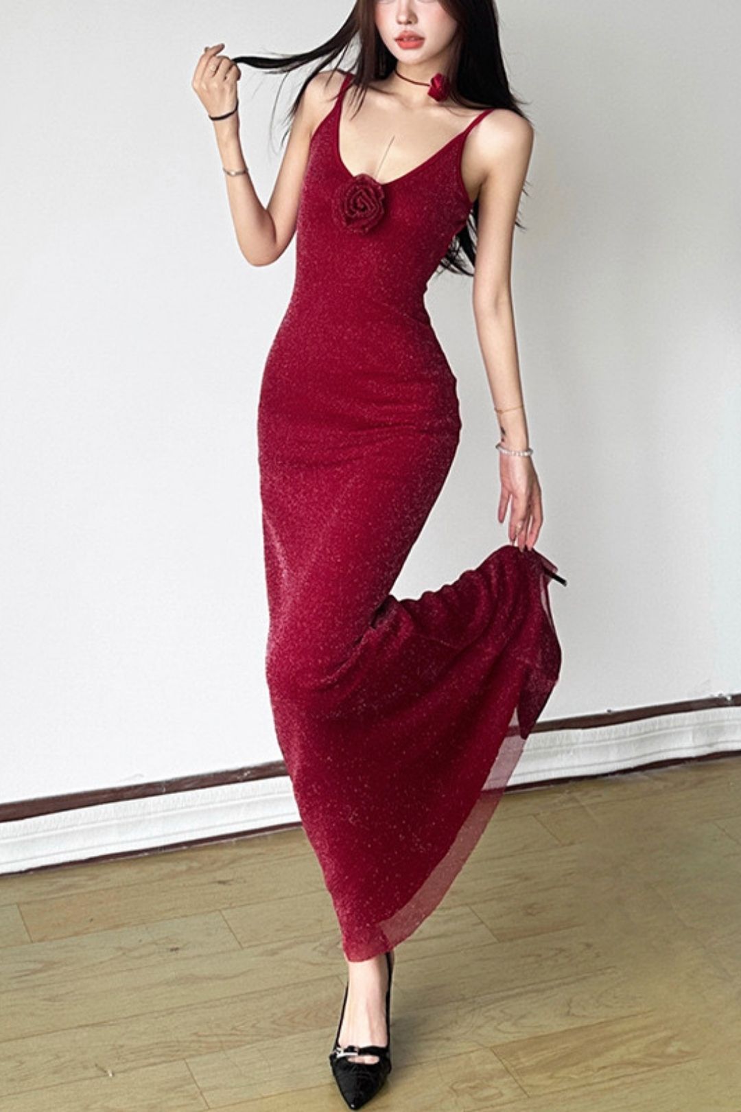 Solid Color High Waist Fashionable U-neck Suspender Backless Dress