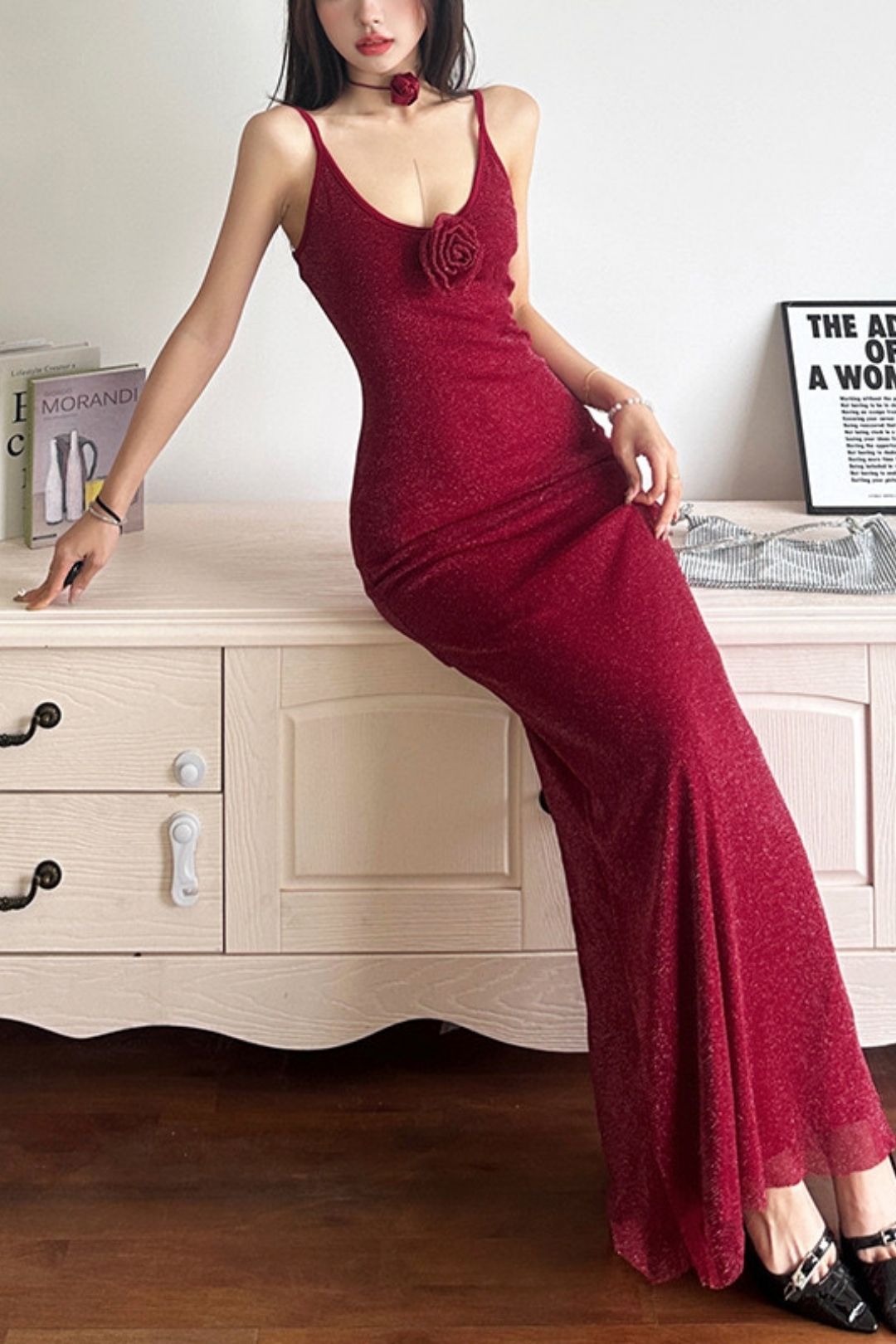 Solid Color High Waist Fashionable U-neck Suspender Backless Dress