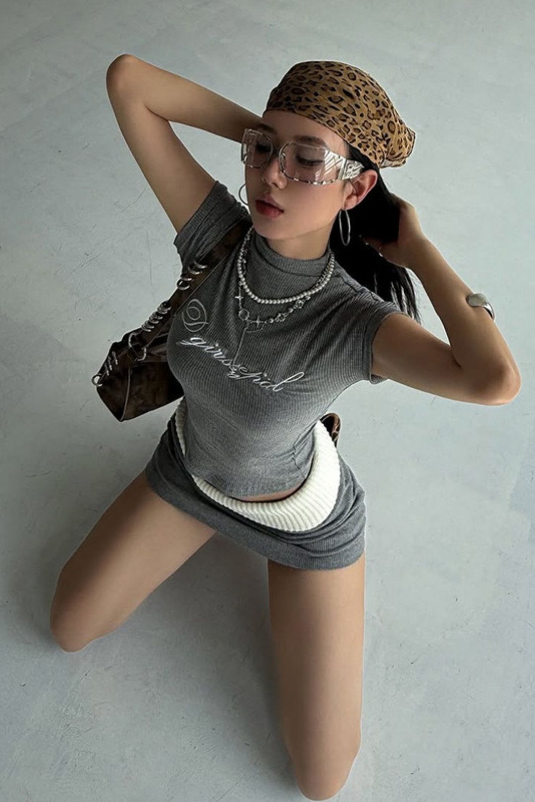 Solid Color Slim Round Neck Short Sleeve Fashionable Low Waist Skirt Suit