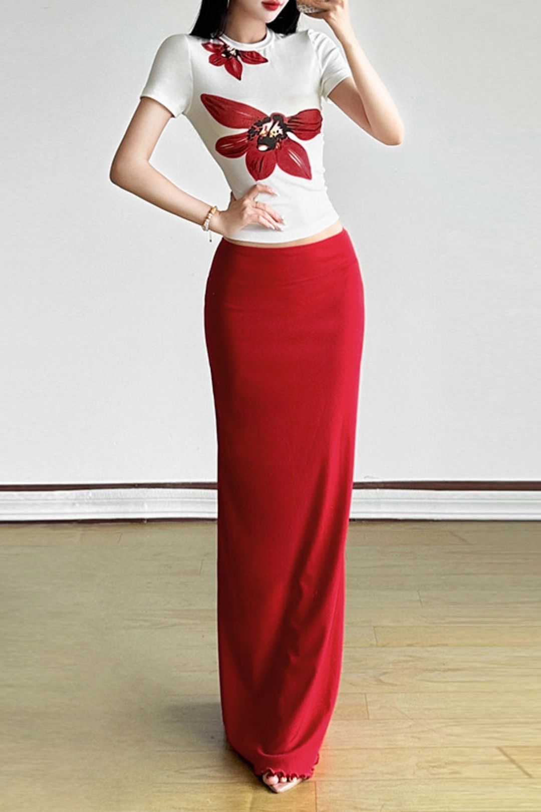 Solid Color Slim Round Neck Short Sleeve Fashionable High Waist Skirt Suit