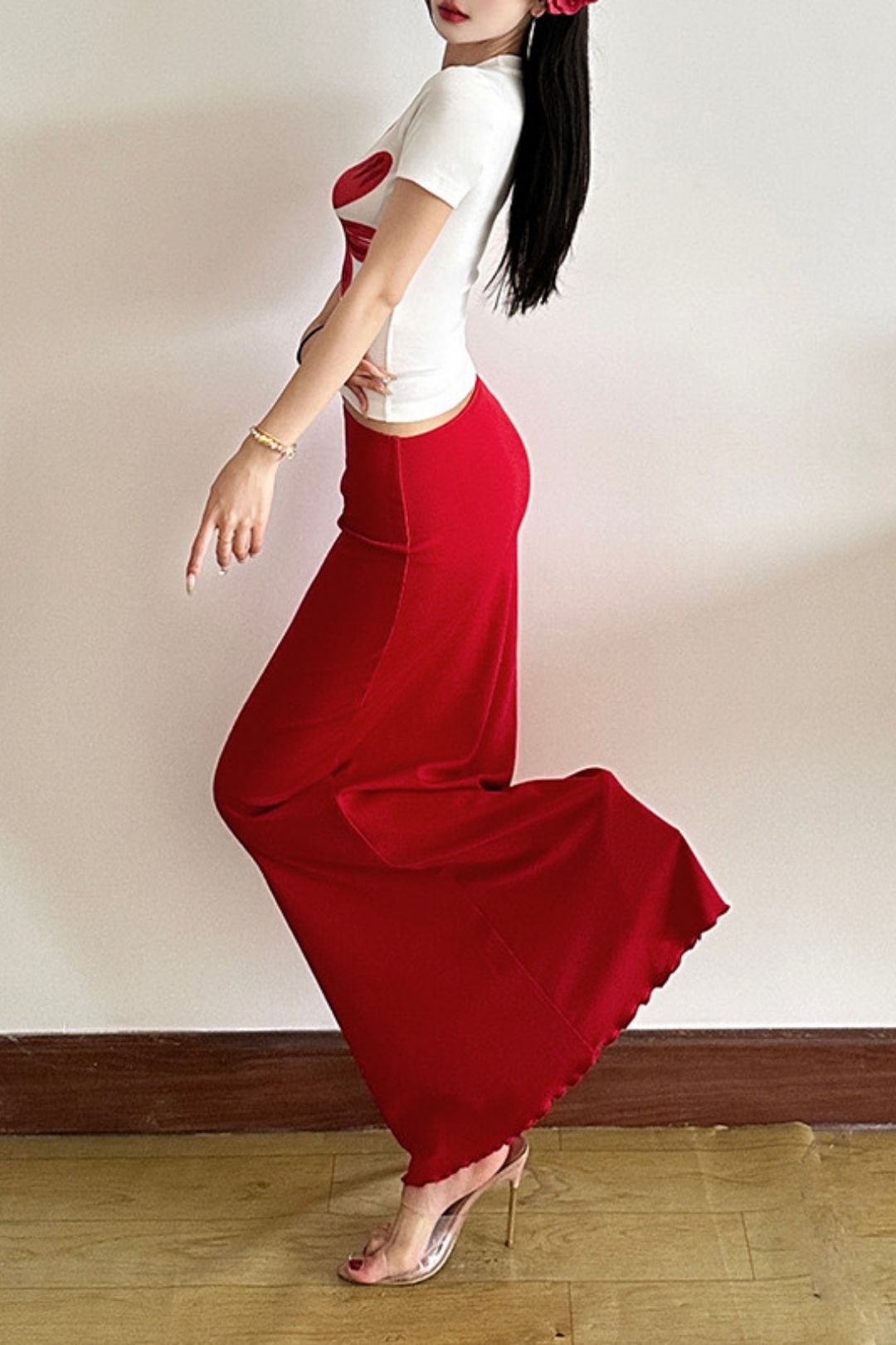 Solid Color Slim Round Neck Short Sleeve Fashionable High Waist Skirt Suit