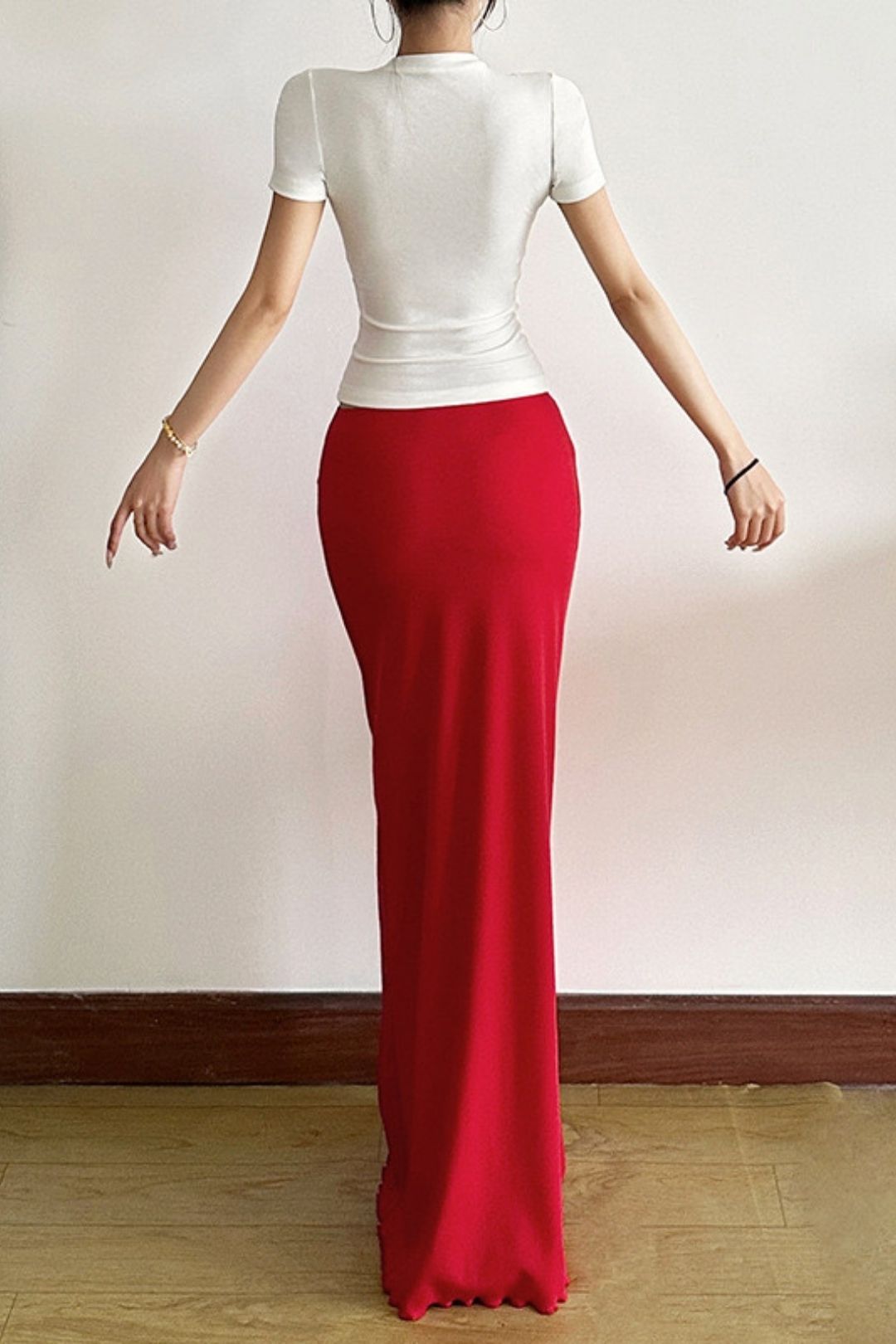 Solid Color Slim Round Neck Short Sleeve Fashionable High Waist Skirt Suit