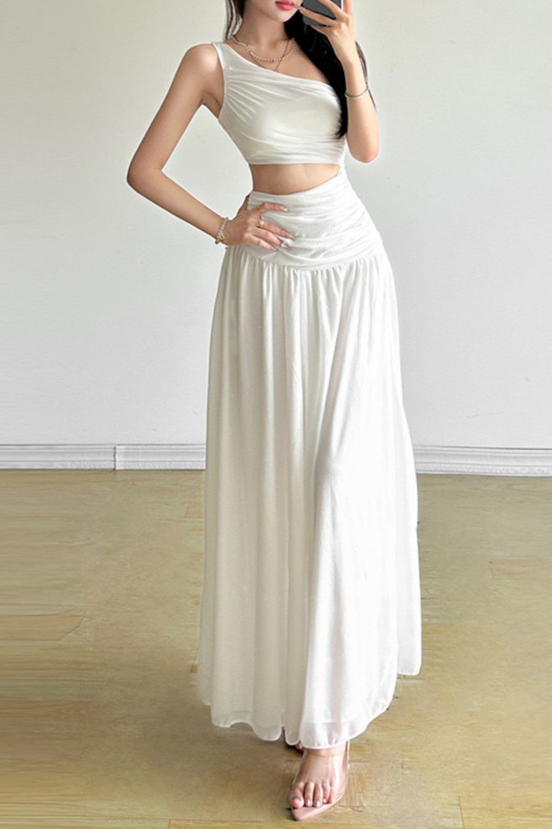 Solid Color Slim Street Fashion Oblique Collar Sleeveless Dress