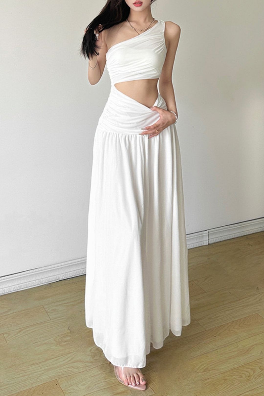 Solid Color Slim Street Fashion Oblique Collar Sleeveless Dress