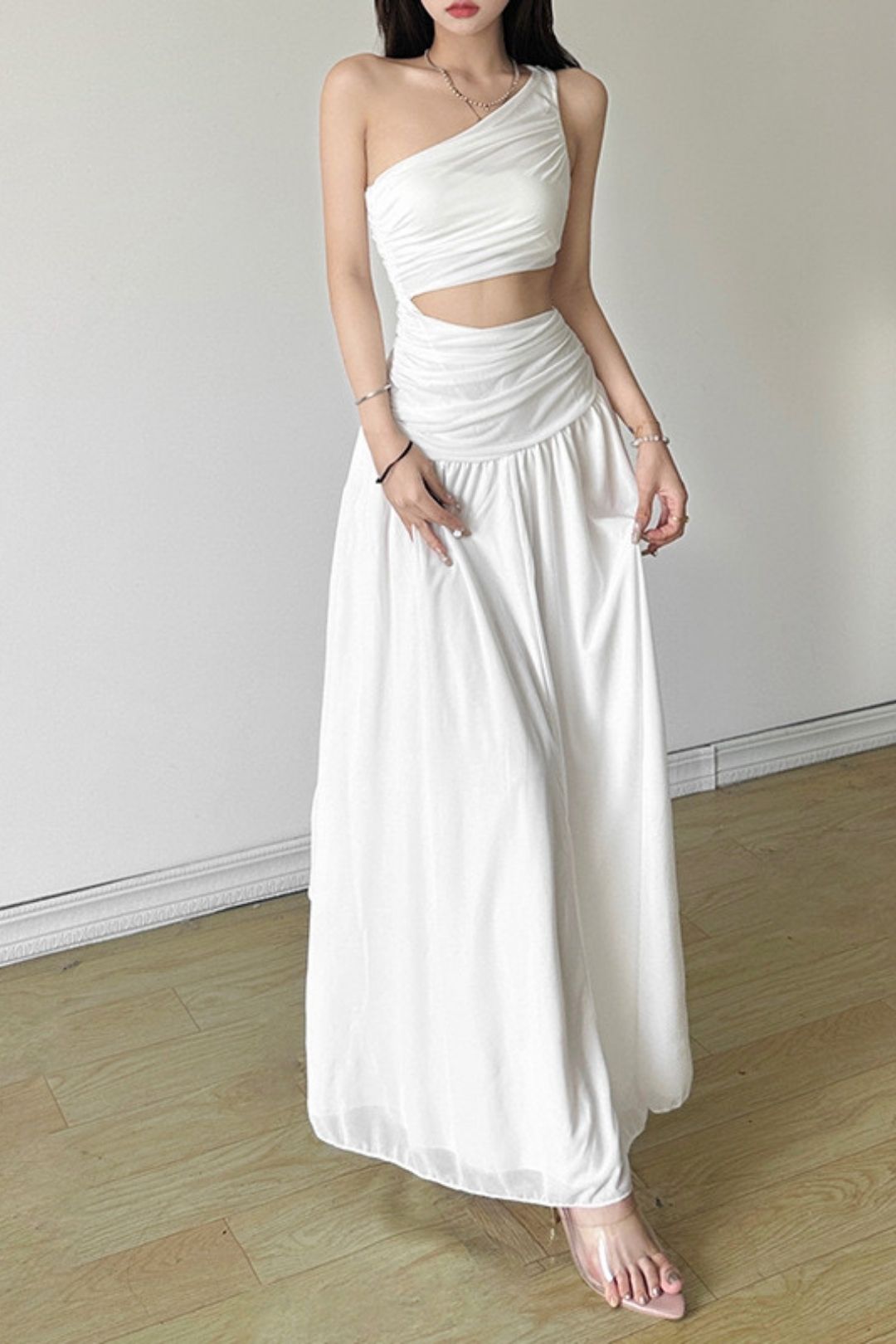 Solid Color Slim Street Fashion Oblique Collar Sleeveless Dress