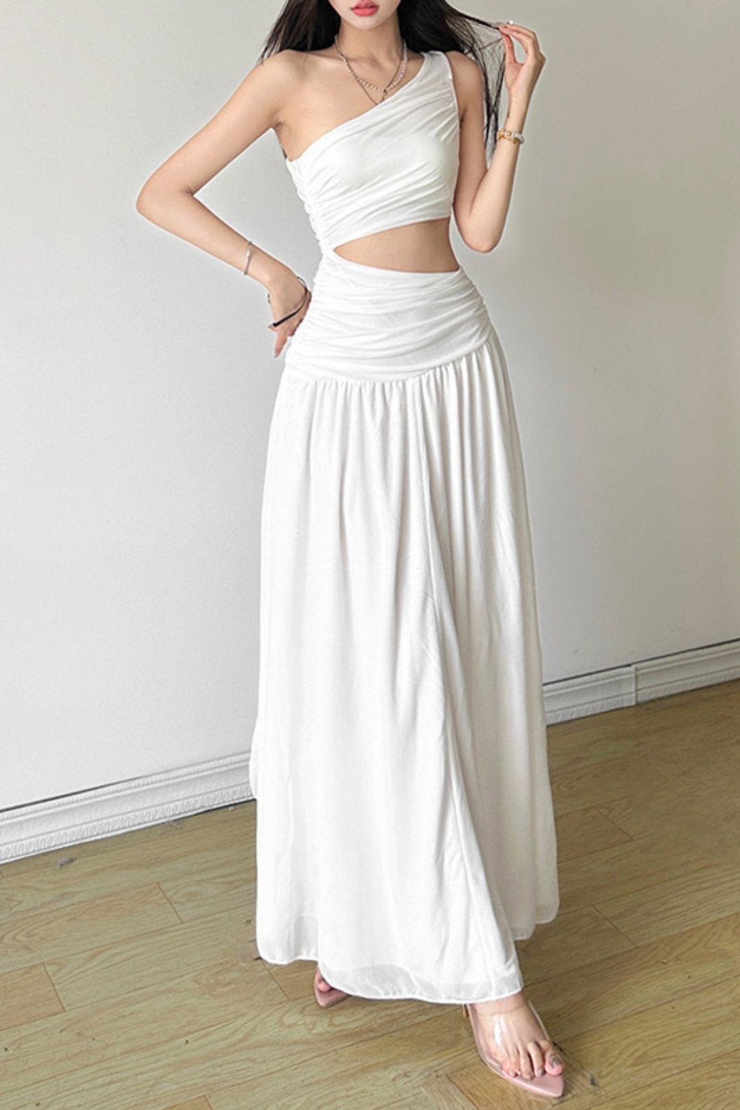 Solid Color Slim Street Fashion Oblique Collar Sleeveless Dress