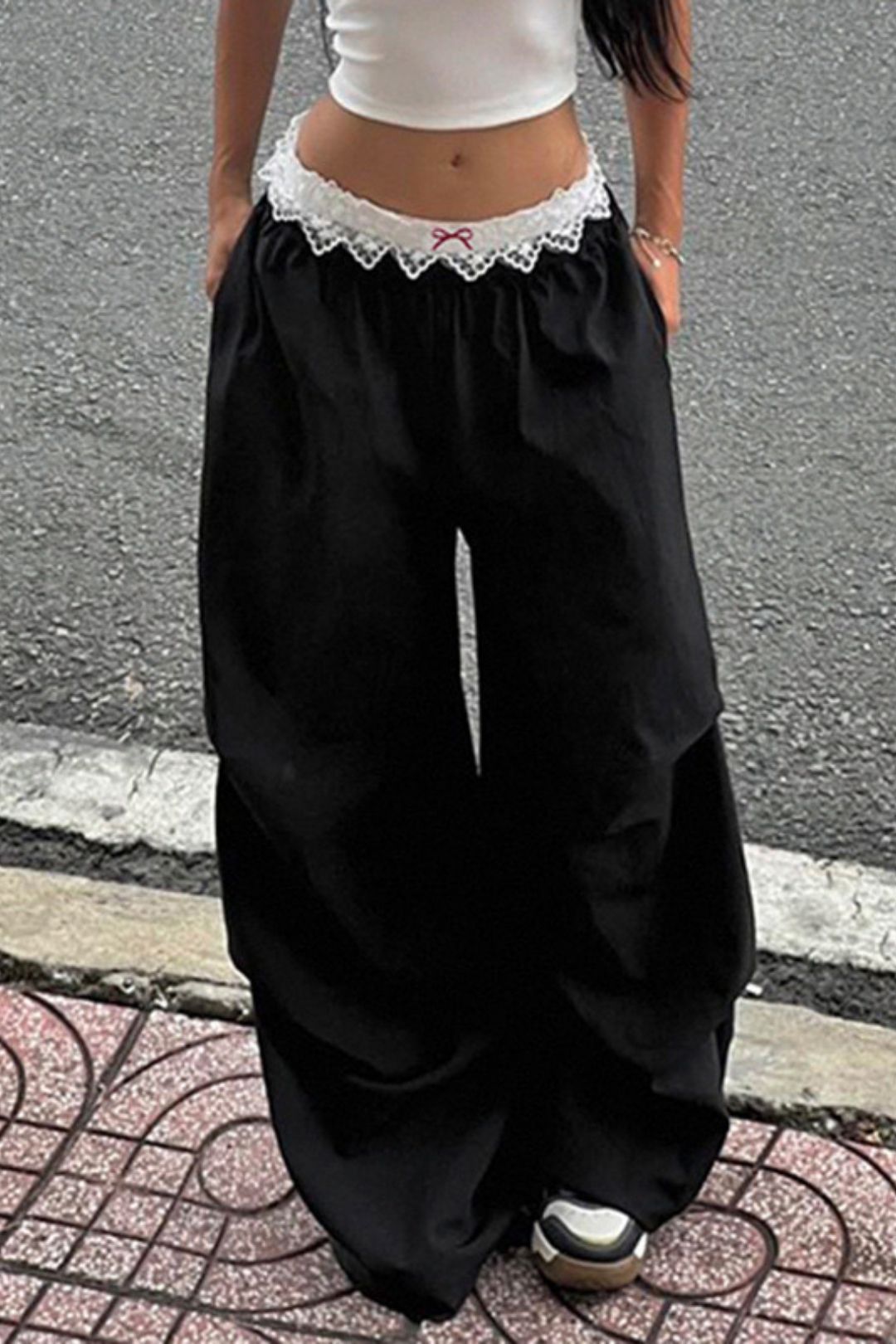 Lace-Trimmed Loose-Waisted Casual Pants, Slimming, Contrast Color, Wide-Leg, Drape-Style Trousers