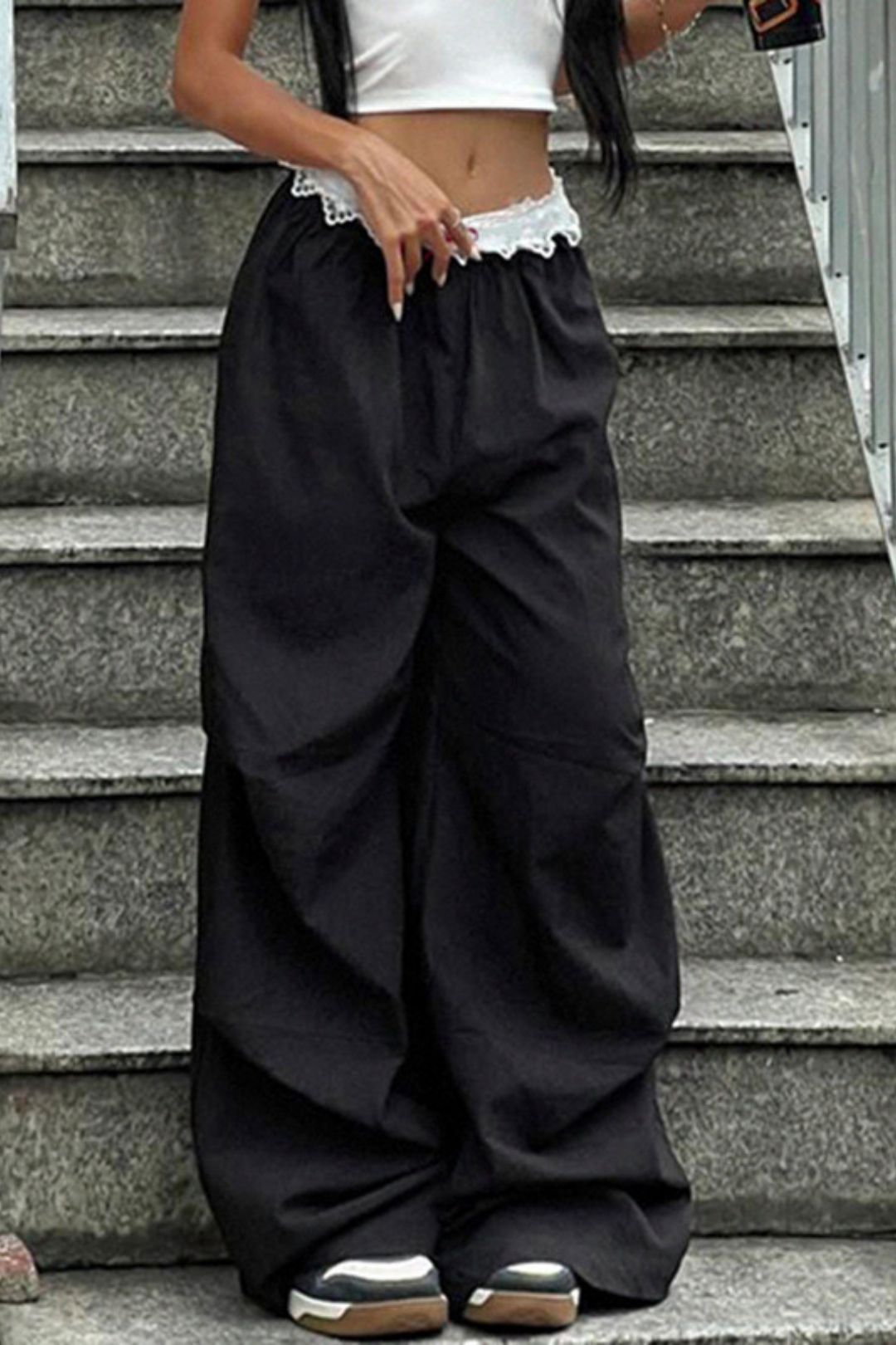 Lace-Trimmed Loose-Waisted Casual Pants, Slimming, Contrast Color, Wide-Leg, Drape-Style Trousers