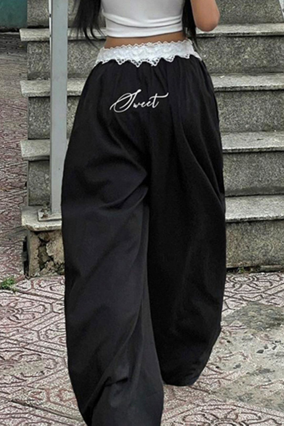 Lace-Trimmed Loose-Waisted Casual Pants, Slimming, Contrast Color, Wide-Leg, Drape-Style Trousers