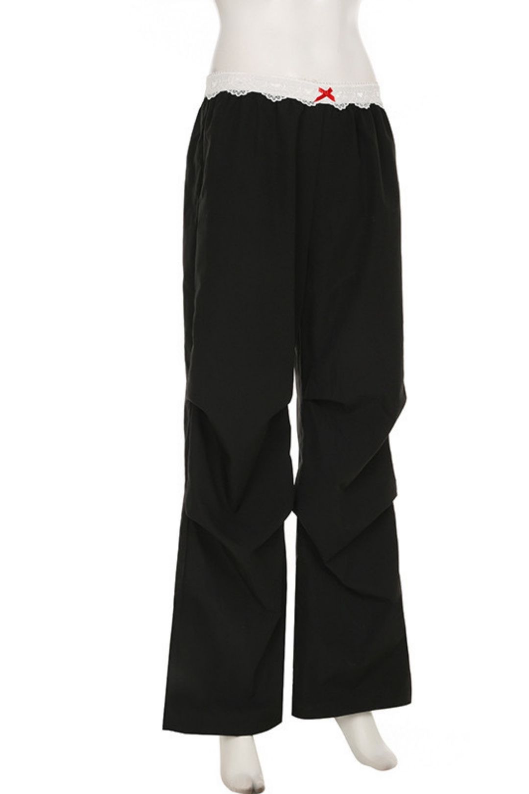 Lace-Trimmed Loose-Waisted Casual Pants, Slimming, Contrast Color, Wide-Leg, Drape-Style Trousers