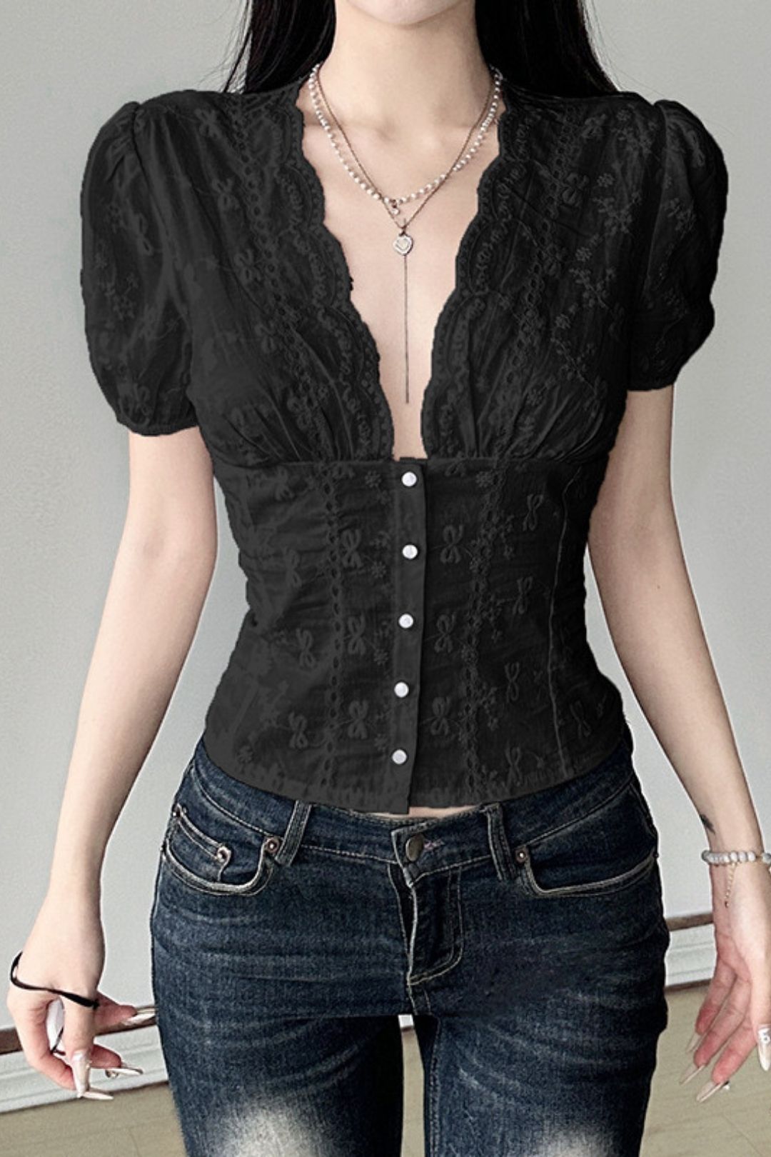 Short Sleeve T-SHIRT Deep V-neck Lace Waisted Bottoming Shirt