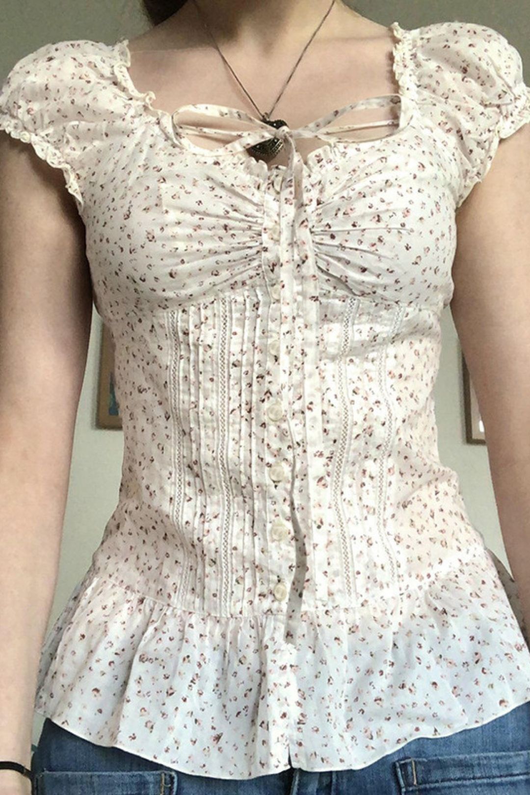 Chest Pleated Tie Hollow Puff Sleeve Top Button Cardigan