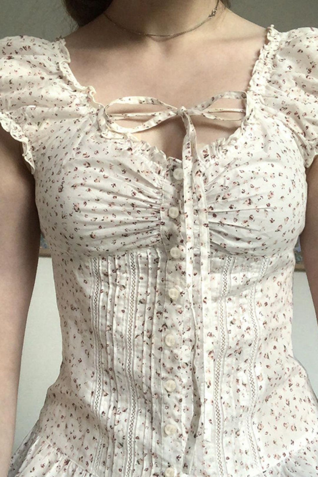 Chest Pleated Tie Hollow Puff Sleeve Top Button Cardigan