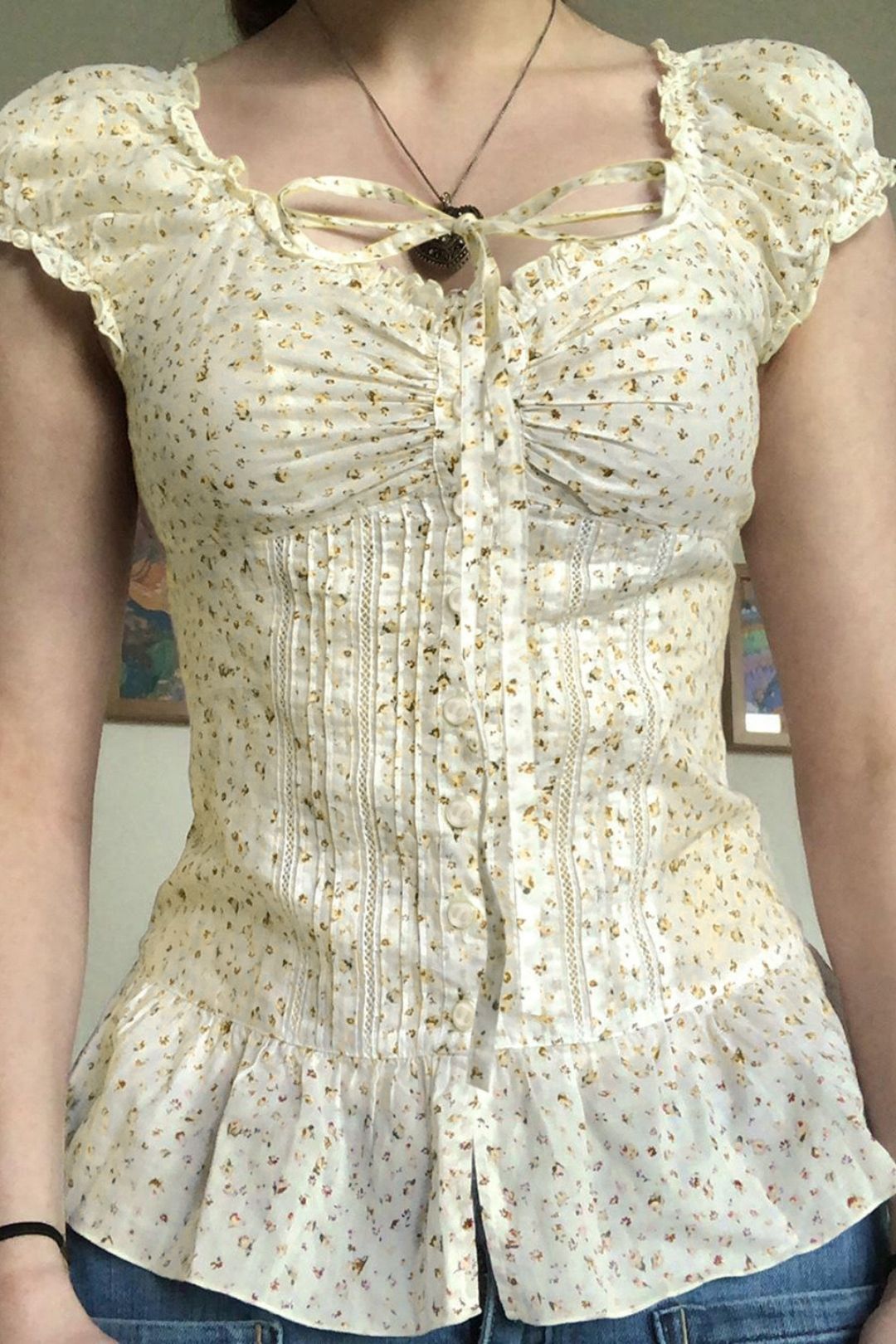 Chest Pleated Tie Hollow Puff Sleeve Top Button Cardigan