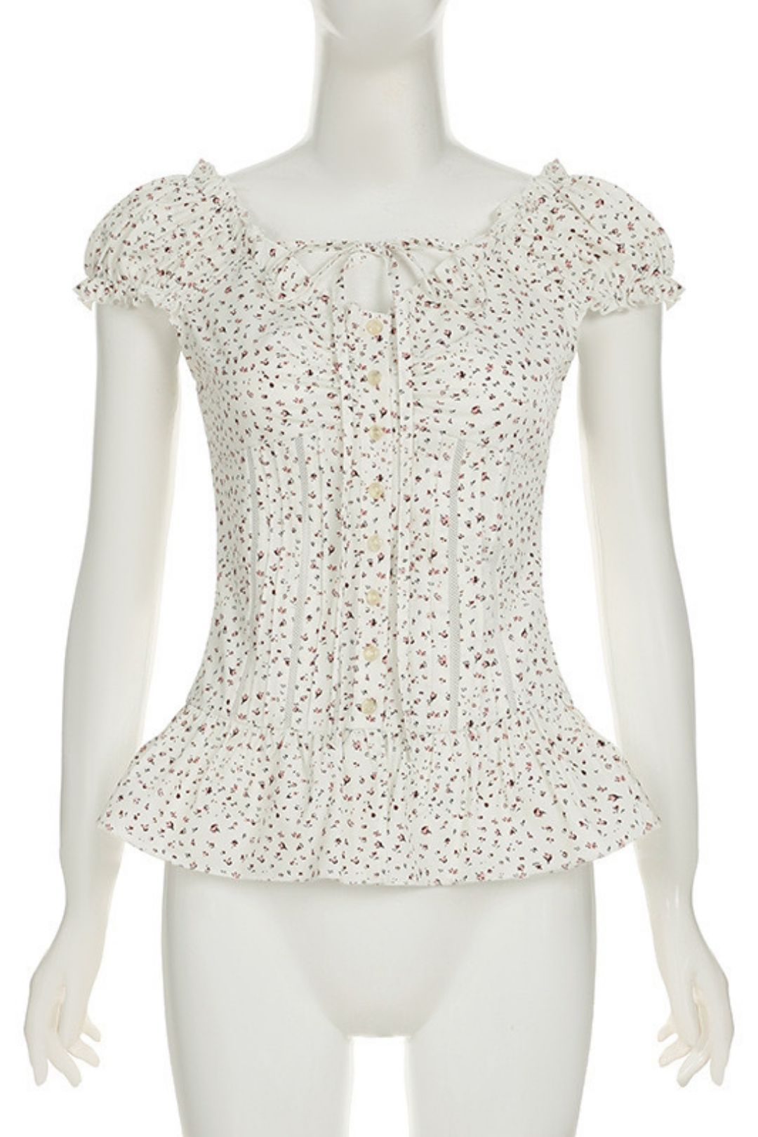 Chest Pleated Tie Hollow Puff Sleeve Top Button Cardigan