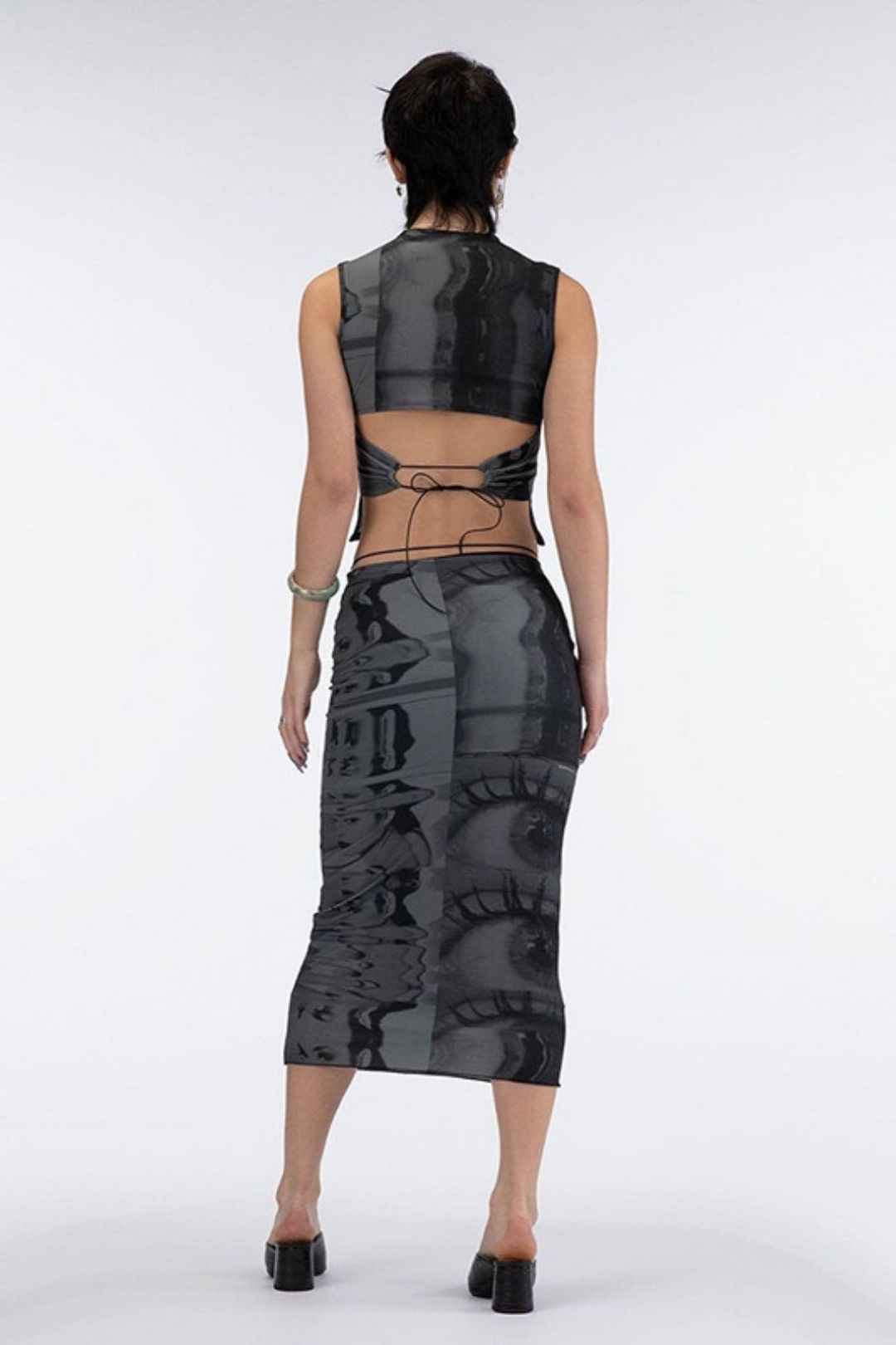 Sleeveless Round Neck Printed Contrast Color Strap Backless Hollow Vest