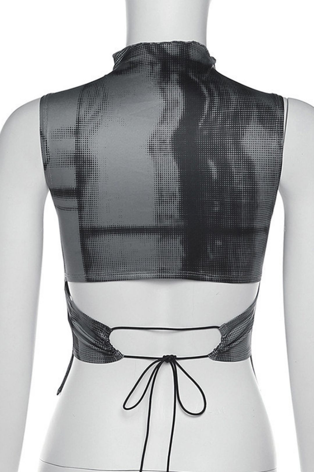 Sleeveless Round Neck Printed Contrast Color Strap Backless Hollow Vest