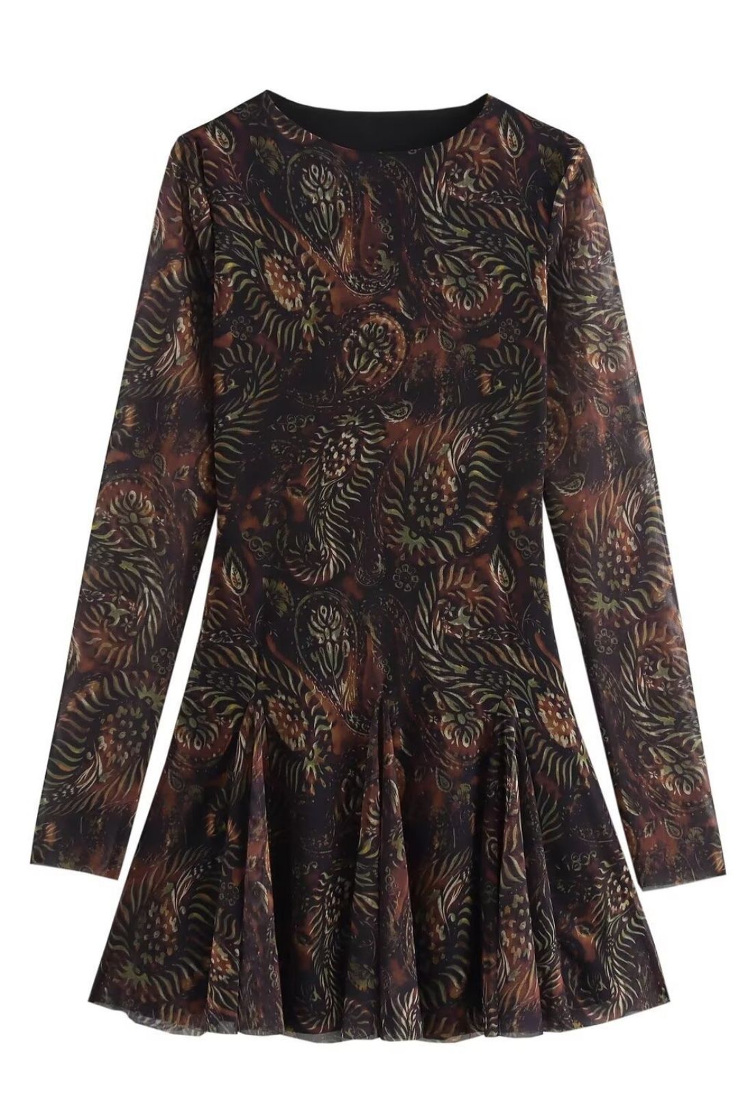 Printed Silk Mesh Waist Long Sleeve Round Neck Short Dress 5039396