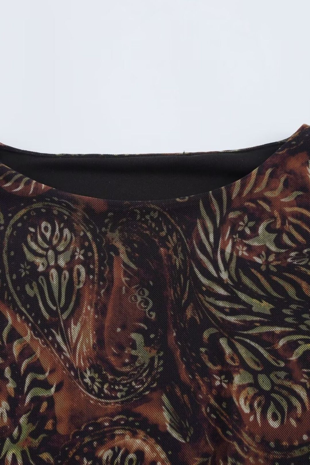 Printed Silk Mesh Waist Long Sleeve Round Neck Short Dress 5039396