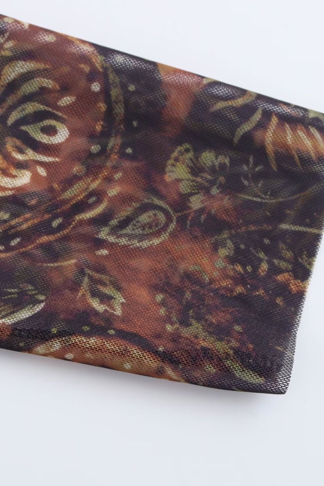 Printed Silk Mesh Waist Long Sleeve Round Neck Short Dress 5039396