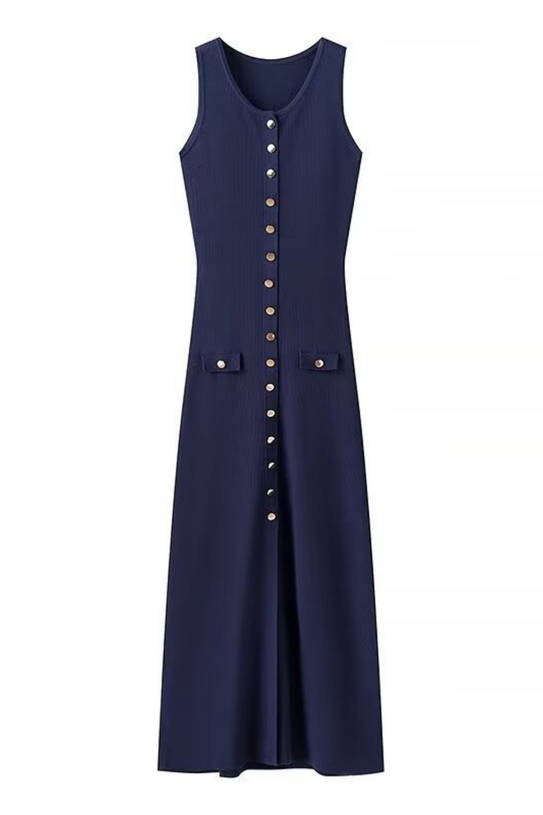 Solid Color Button Round Neck Loose Casual Knit Dress