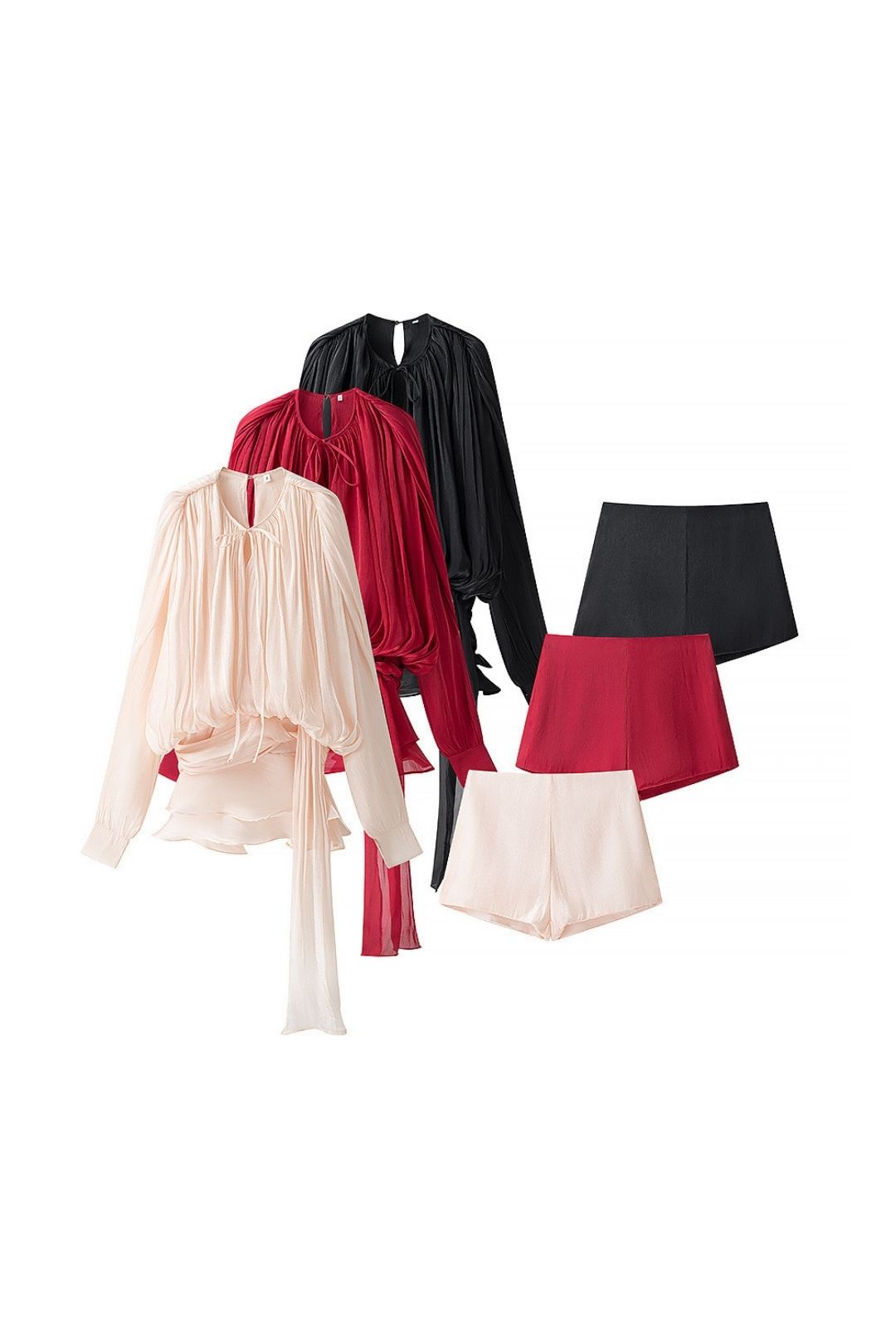 Pleated Ribbon Design Long Sleeve Tops And Small Pants
