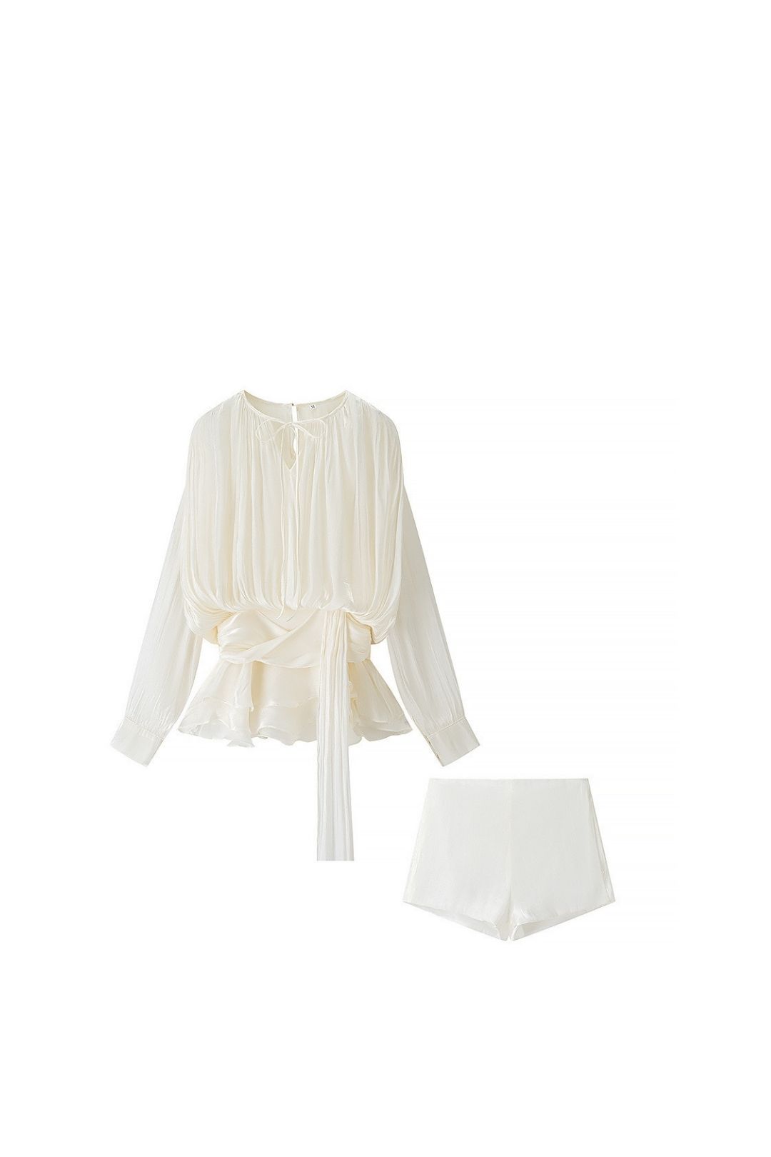 Pleated Ribbon Design Long Sleeve Tops And Small Pants