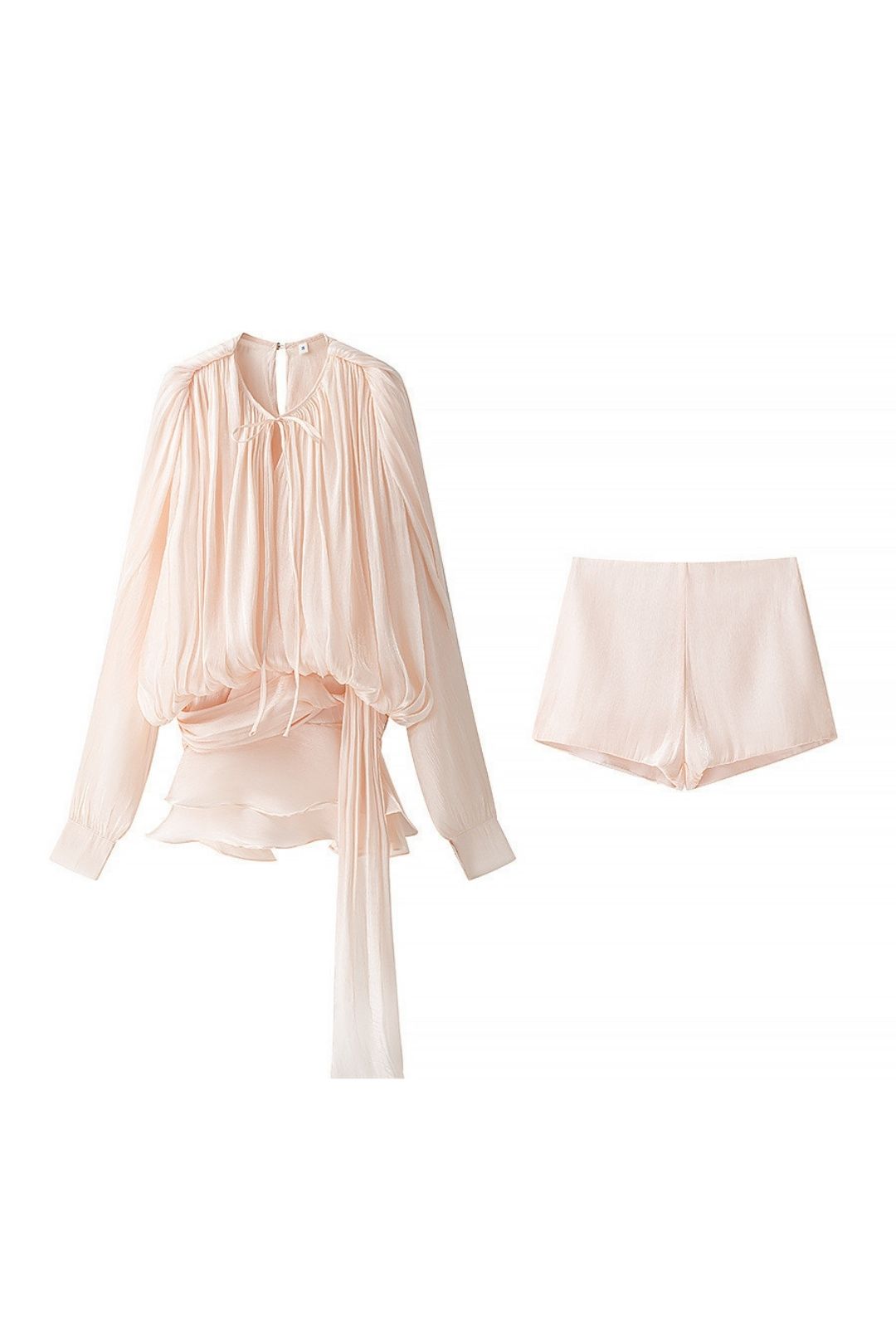 Pleated Ribbon Design Long Sleeve Tops And Small Pants