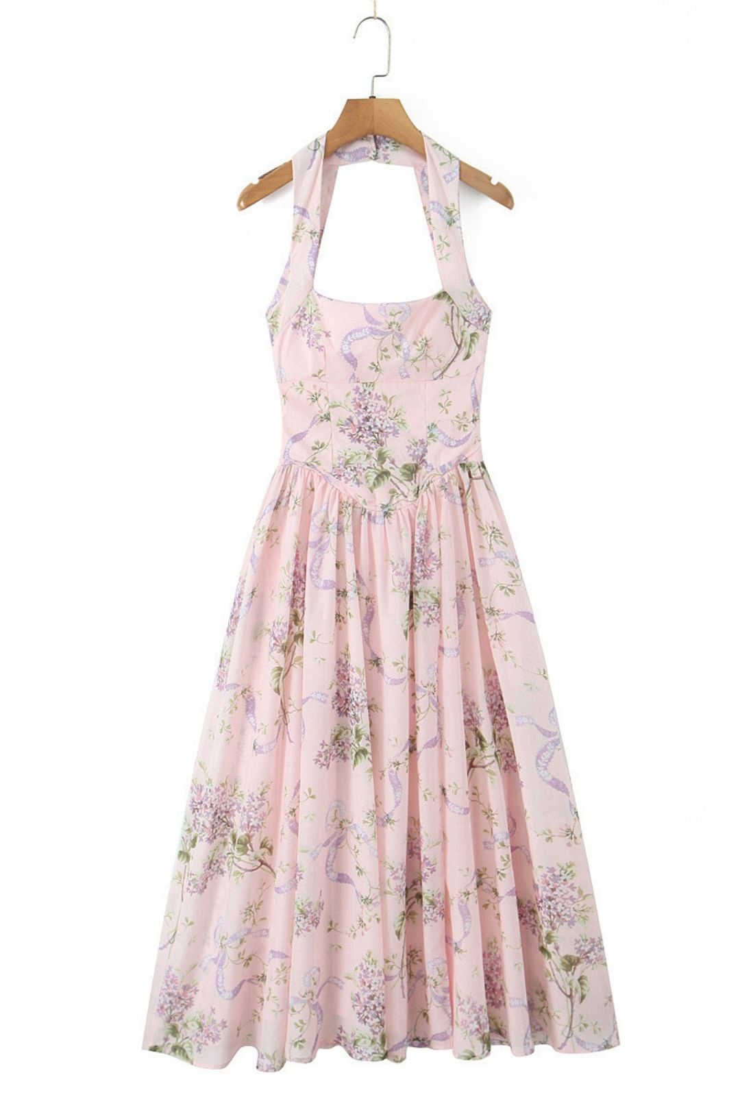 Light Pink Printed Chiffon Slit Midi Dress