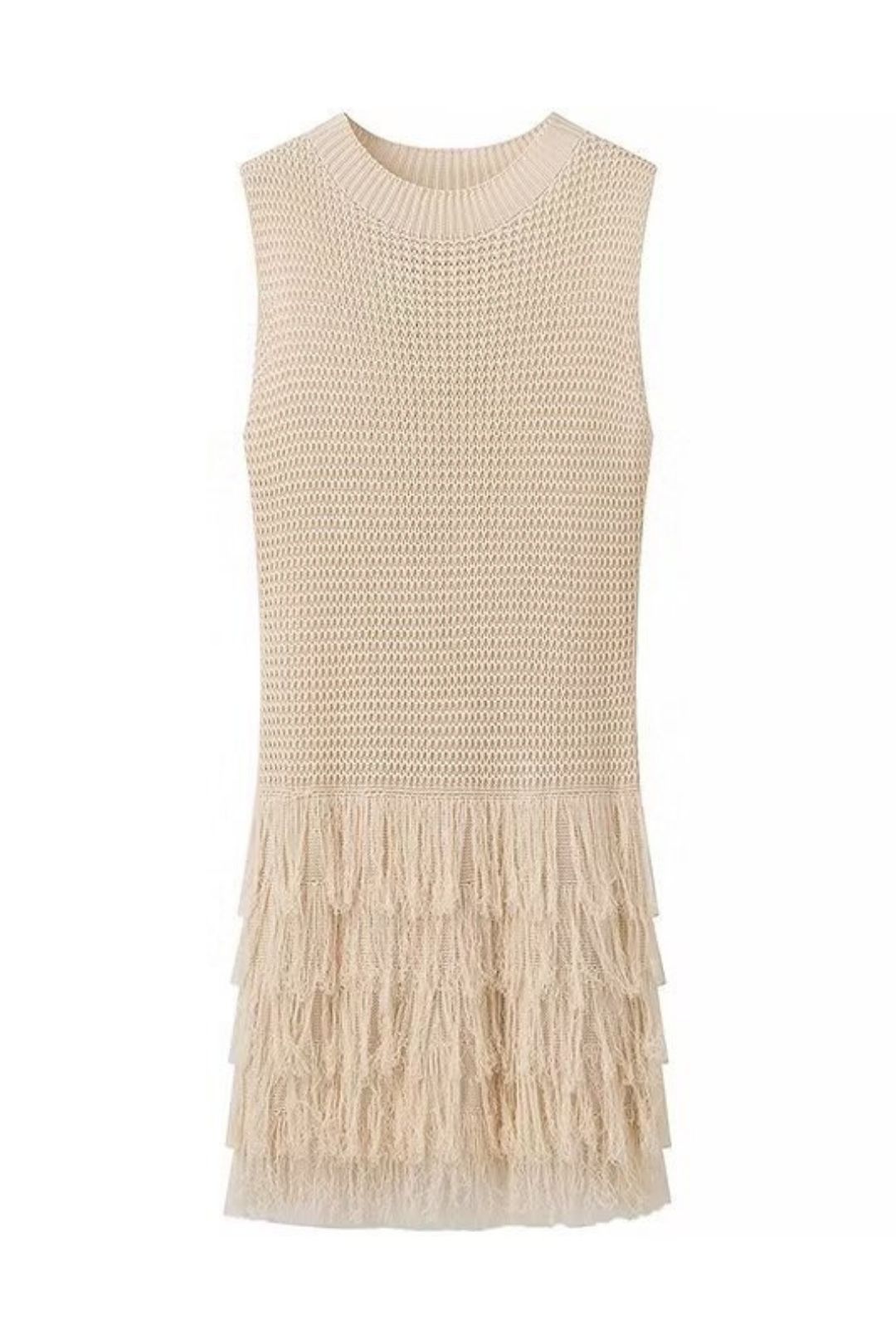 Solid Color Tassel Hollow Knit Round Neck Sleeveless Dress