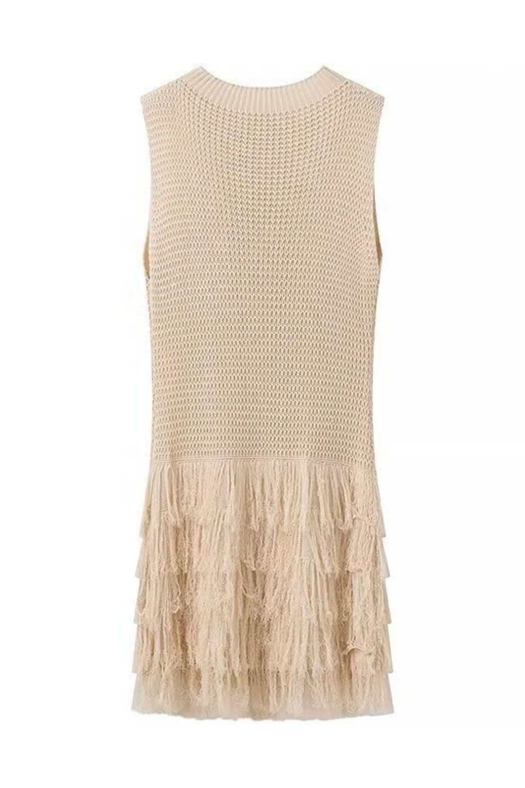 Solid Color Tassel Hollow Knit Round Neck Sleeveless Dress
