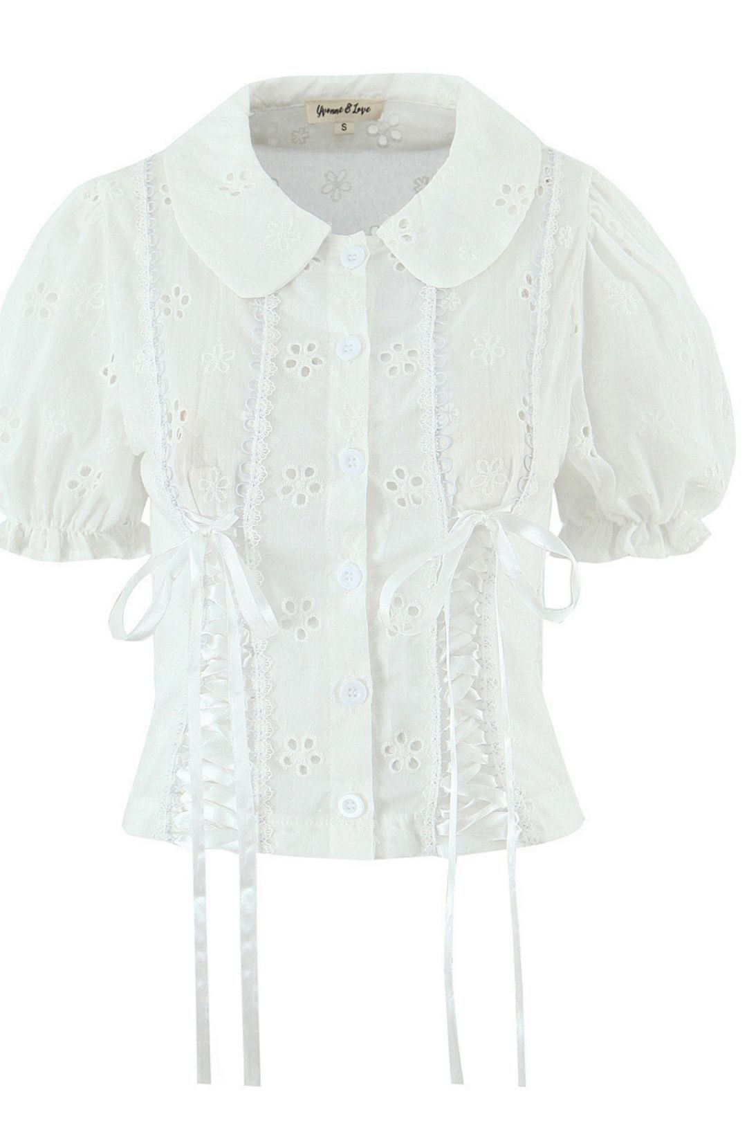 Embroidery Tie-up Puff Sleeve Top