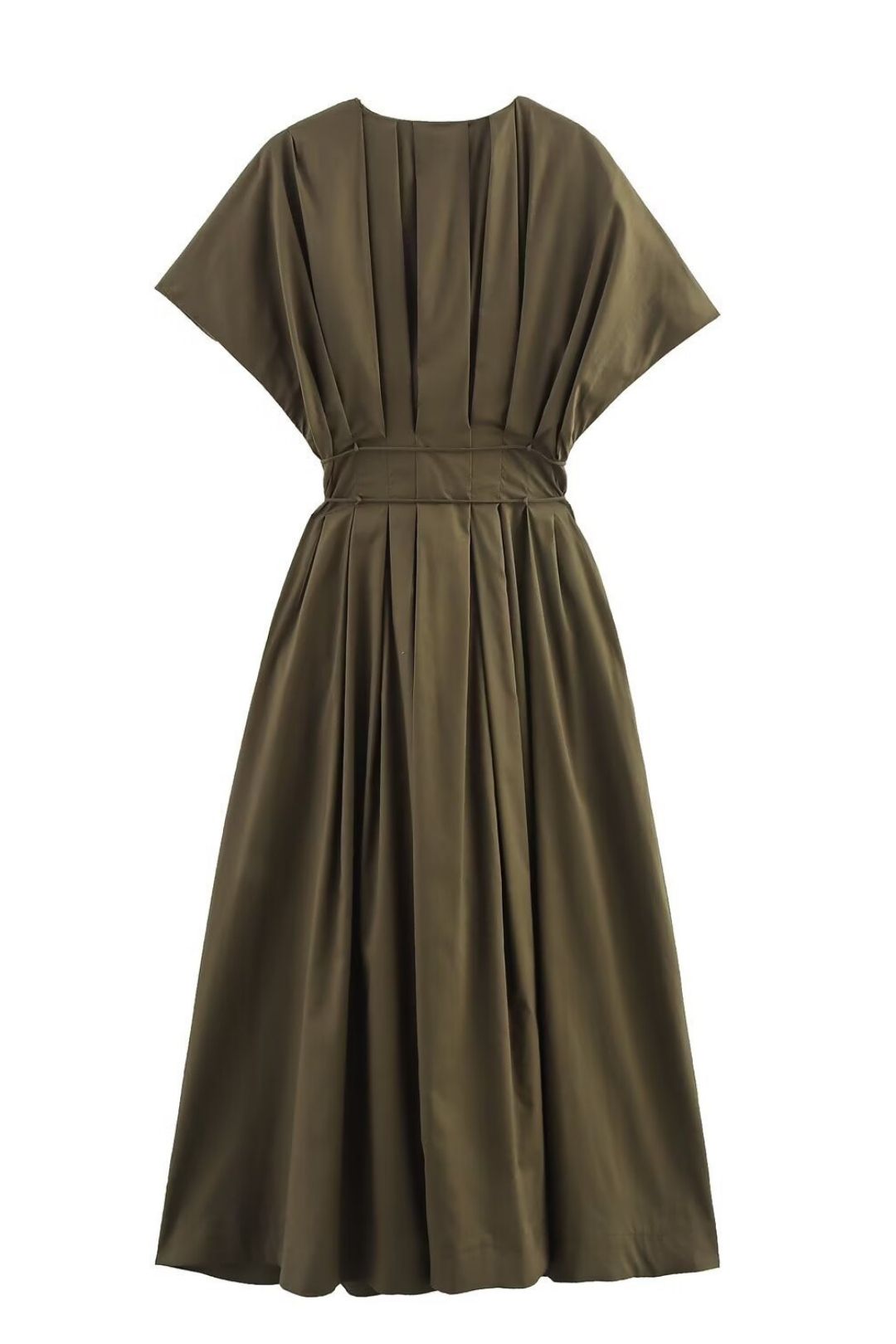 Slim Fit Pleated Drop Shoulder Short Sleeve Midi Dress