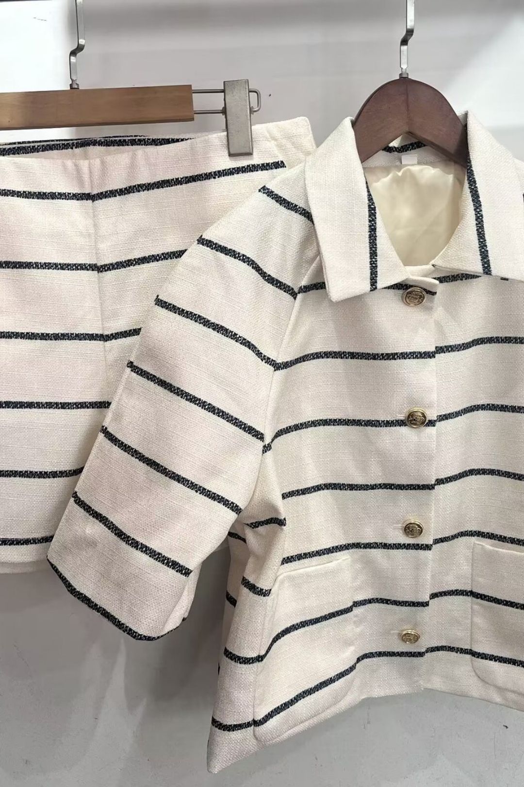 Striped Chanel Style Short Sleeve Shorts Set