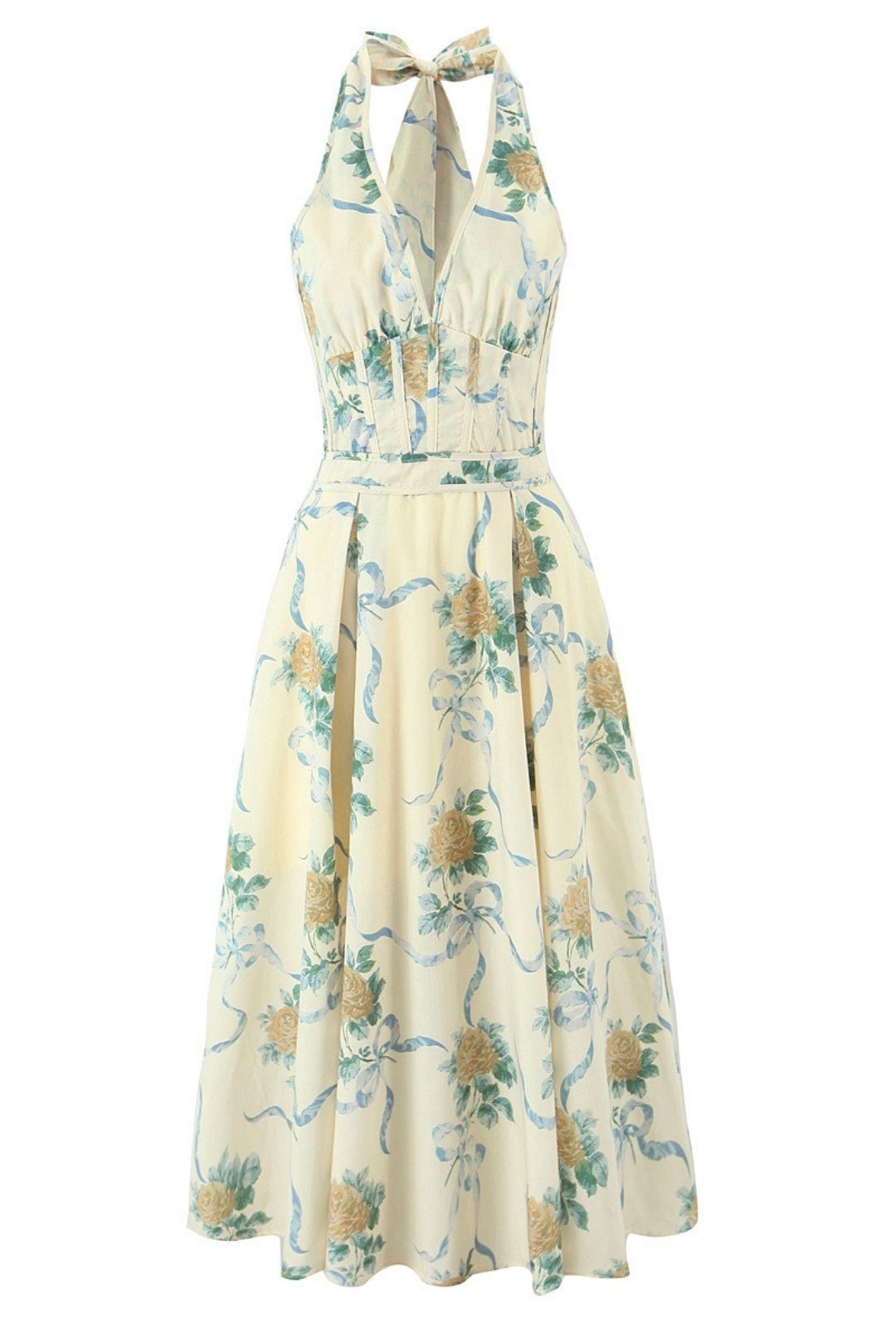 Deep V Backless Bow Tie Halter Neck Mid-length Dress