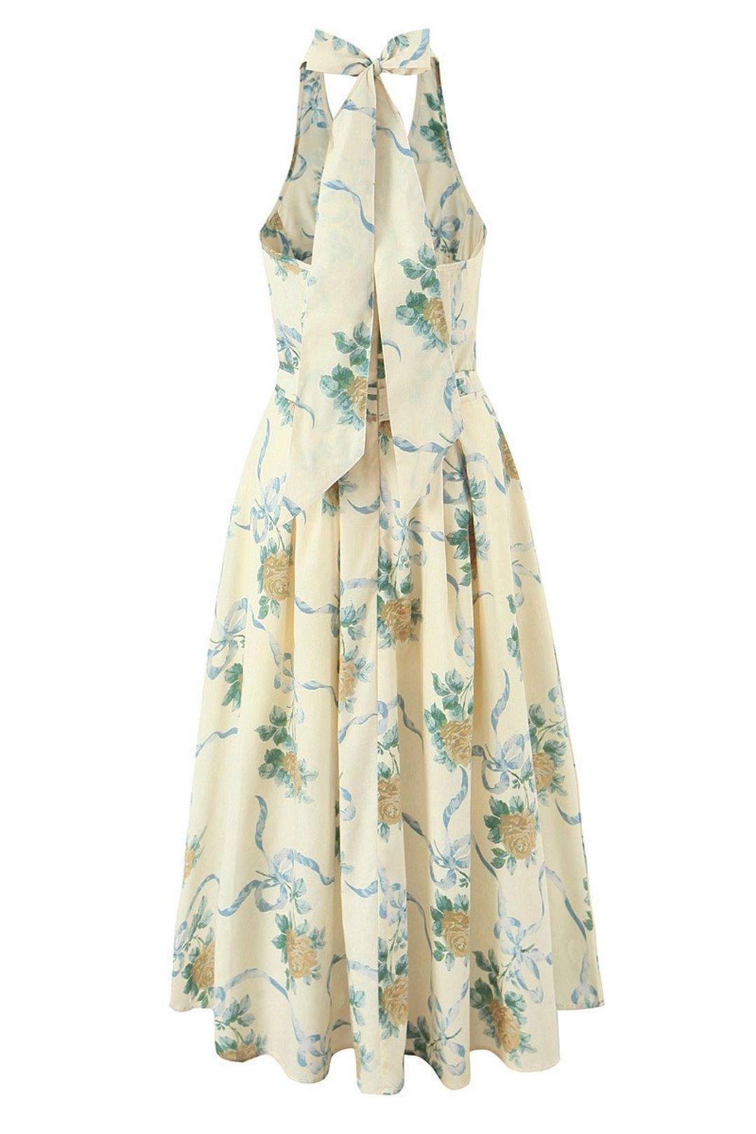 Deep V Backless Bow Tie Halter Neck Mid-length Dress