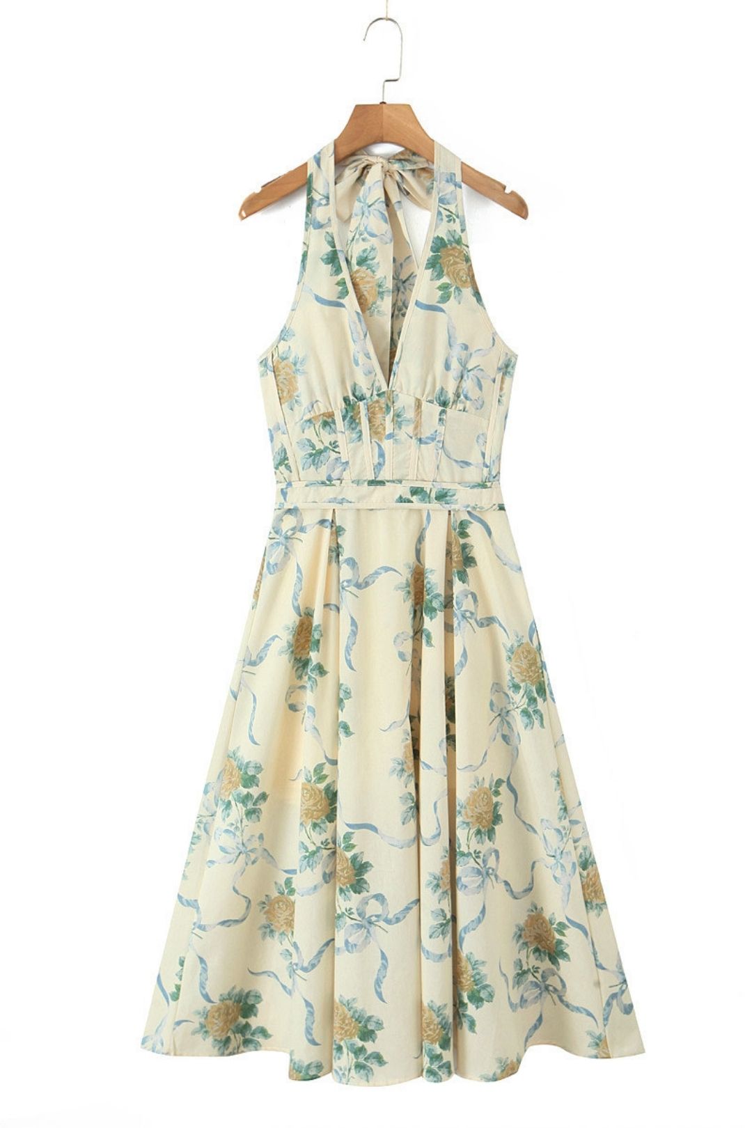 Deep V Backless Bow Tie Halter Neck Mid-length Dress