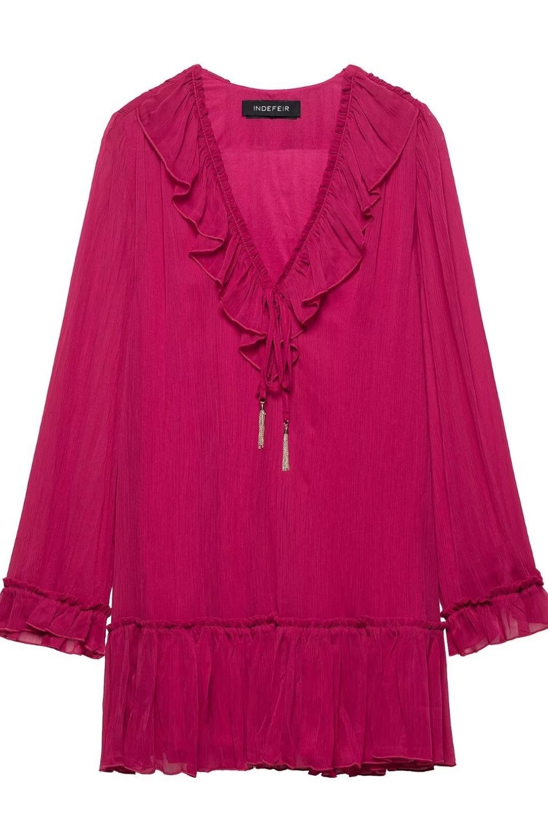 Simple V-neck Long-sleeved Wrinkle Effect Mini Dress