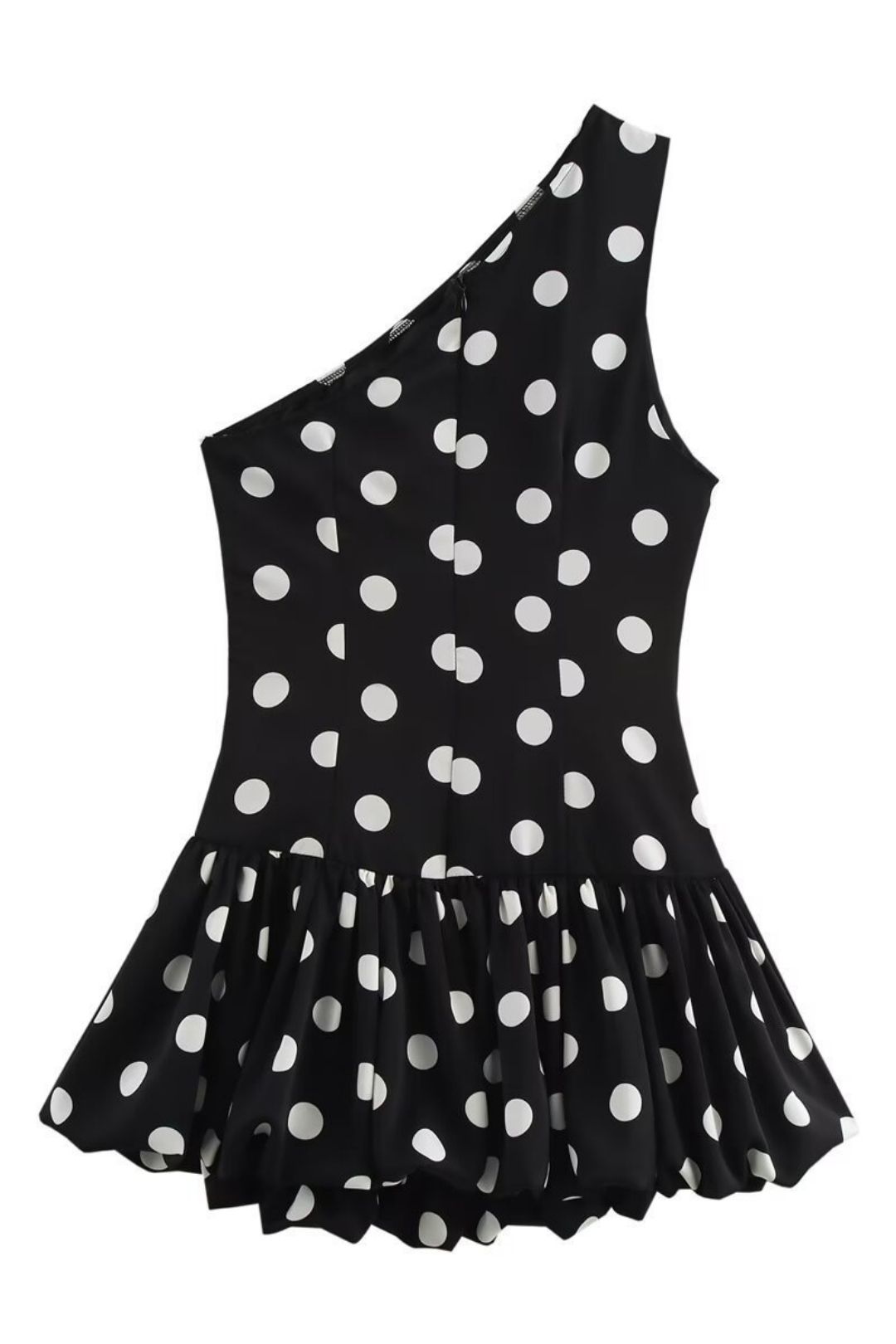 Waist Sleeveless Pleated Polka Dot Oblique Shoulder Short Dress