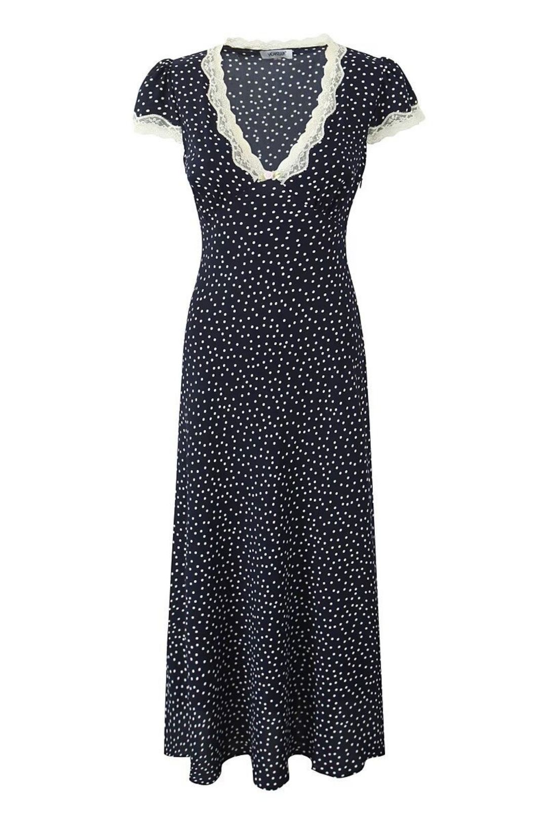 V-neck Waist French Lace Splicing Polka Dot Short Sleeve Dress
